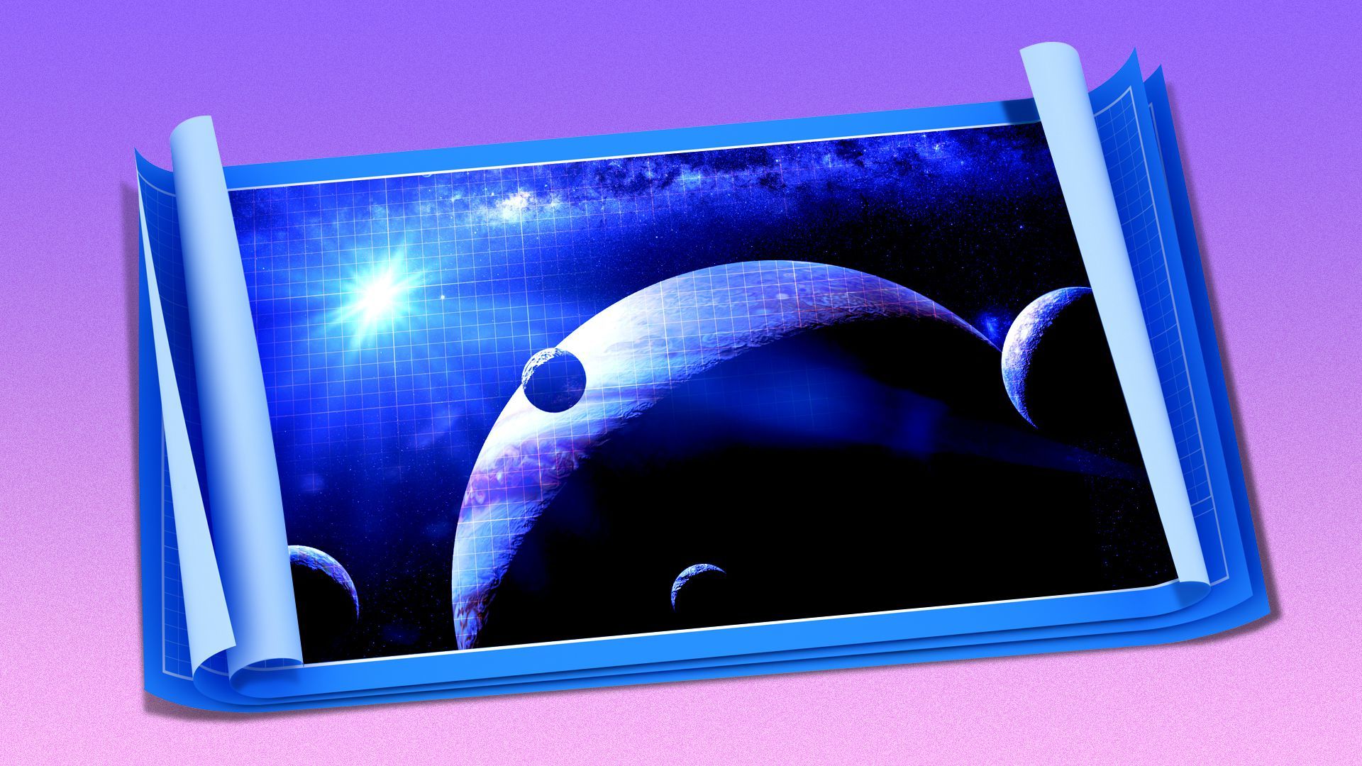 Illustration of a blueprint with an image of the universe on it