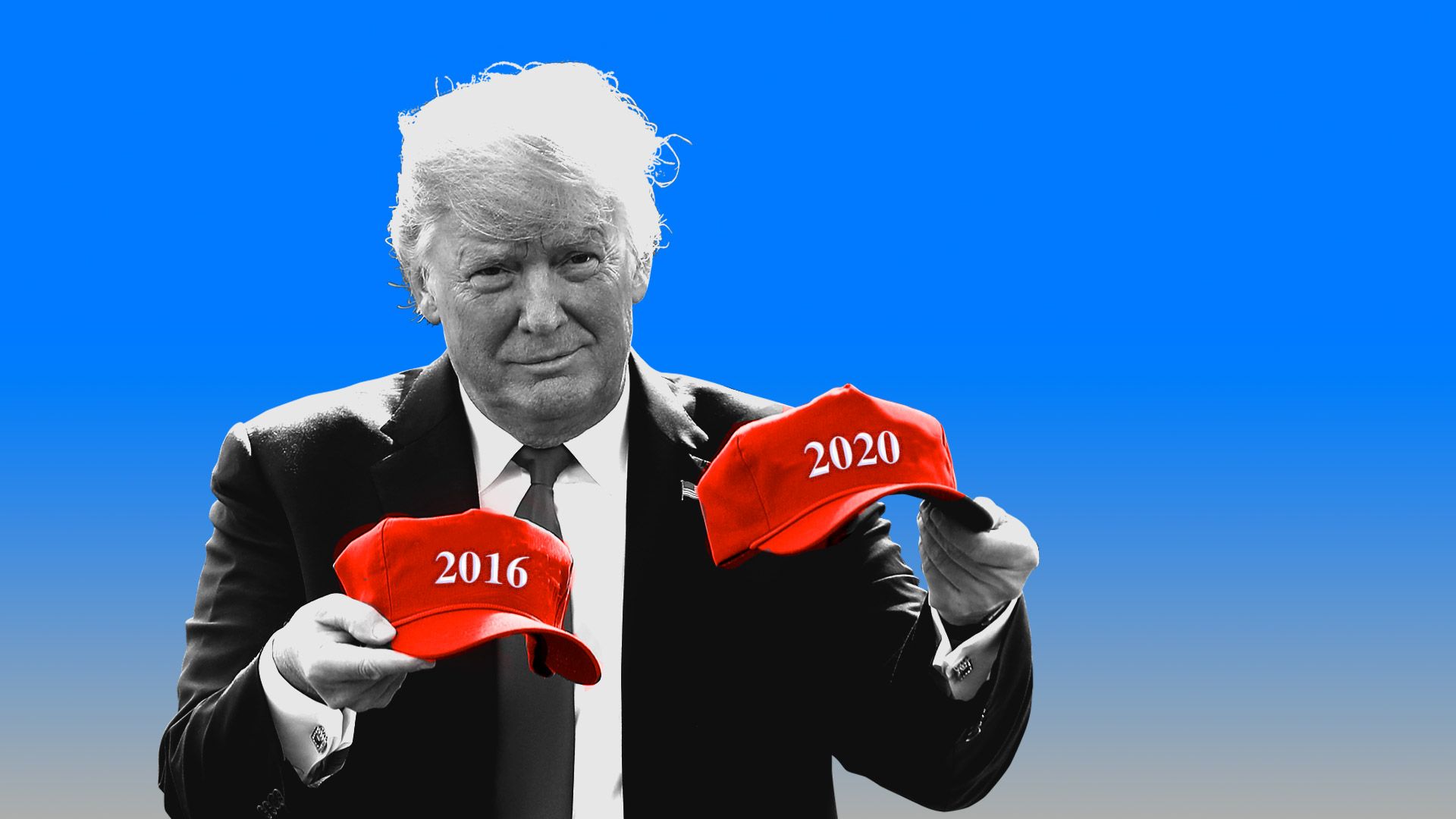 Illustration of Donald Trump holding two red baseball caps, one that reads 2016 and one that reads 2020.