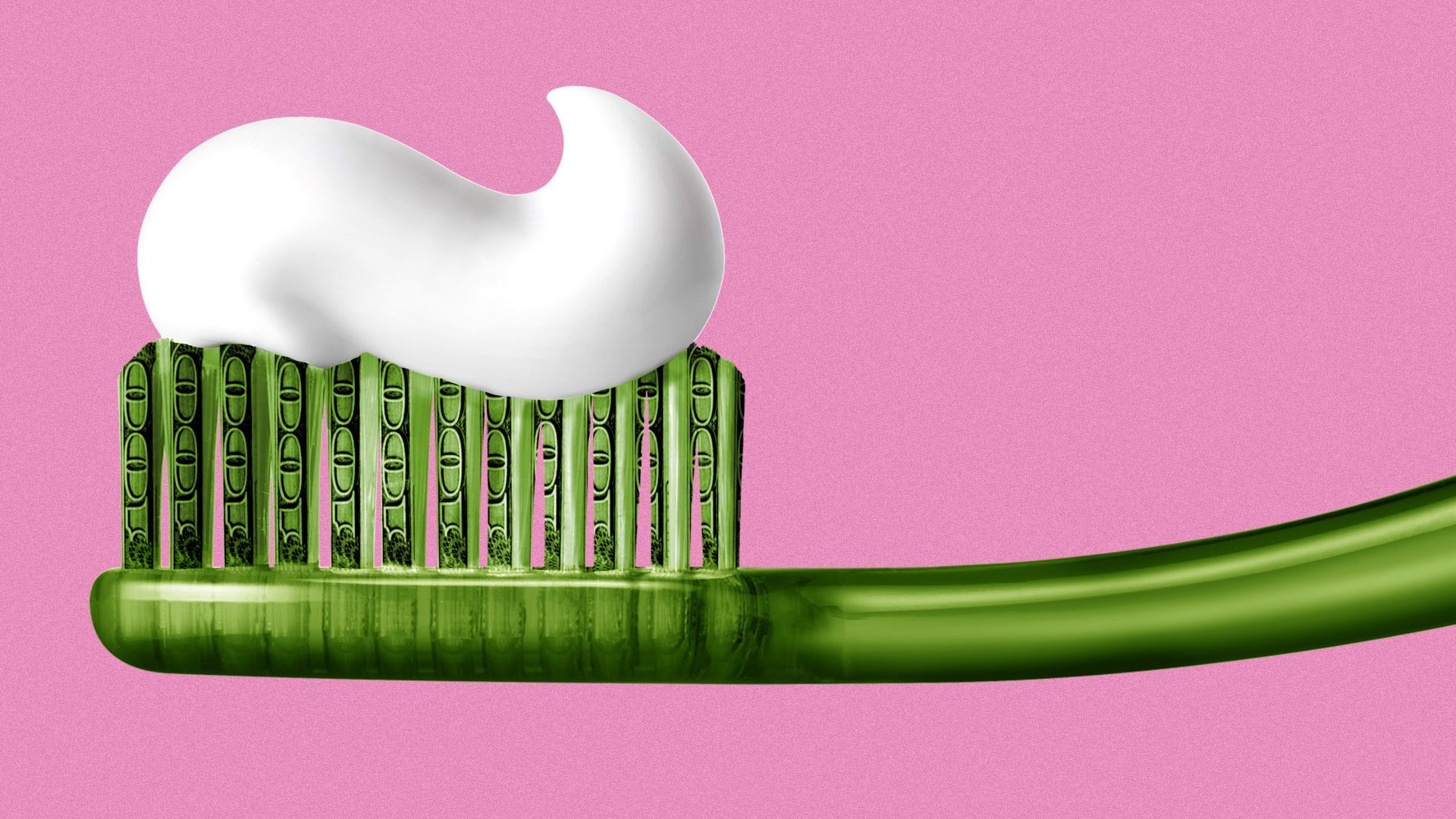 Illustration of a toothbrush with dollar bills as bristles.