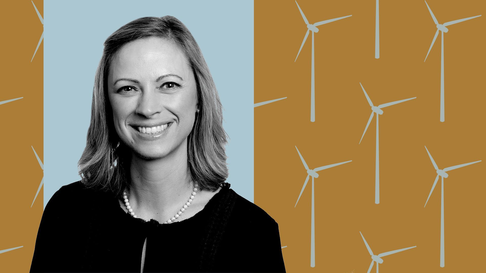 Photo illustration of Molly Morris in front of wind turbine silhouettes arranged in a pattern
