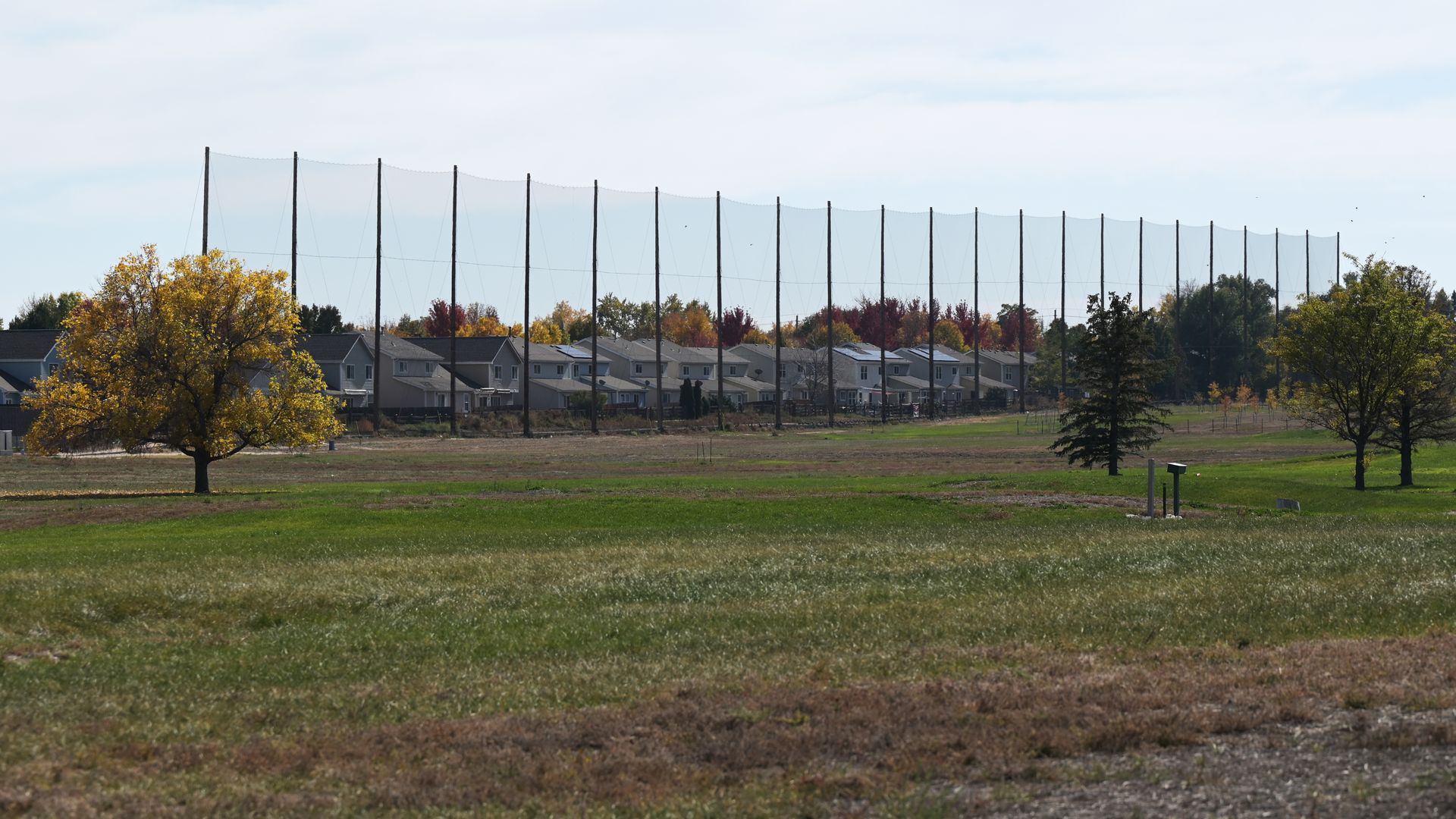 A park with netting in the far background. 