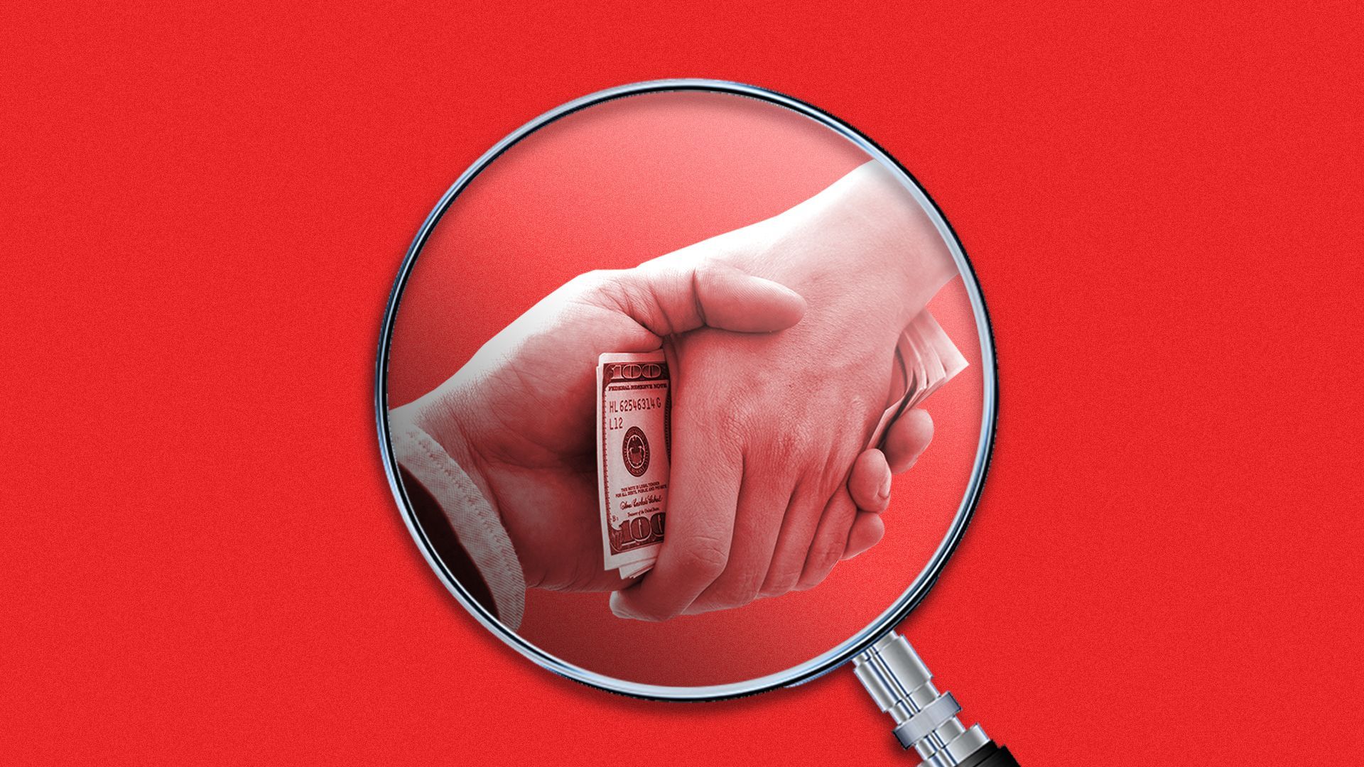 Illustration of a magnifying glass revealing two hands exchanging money
