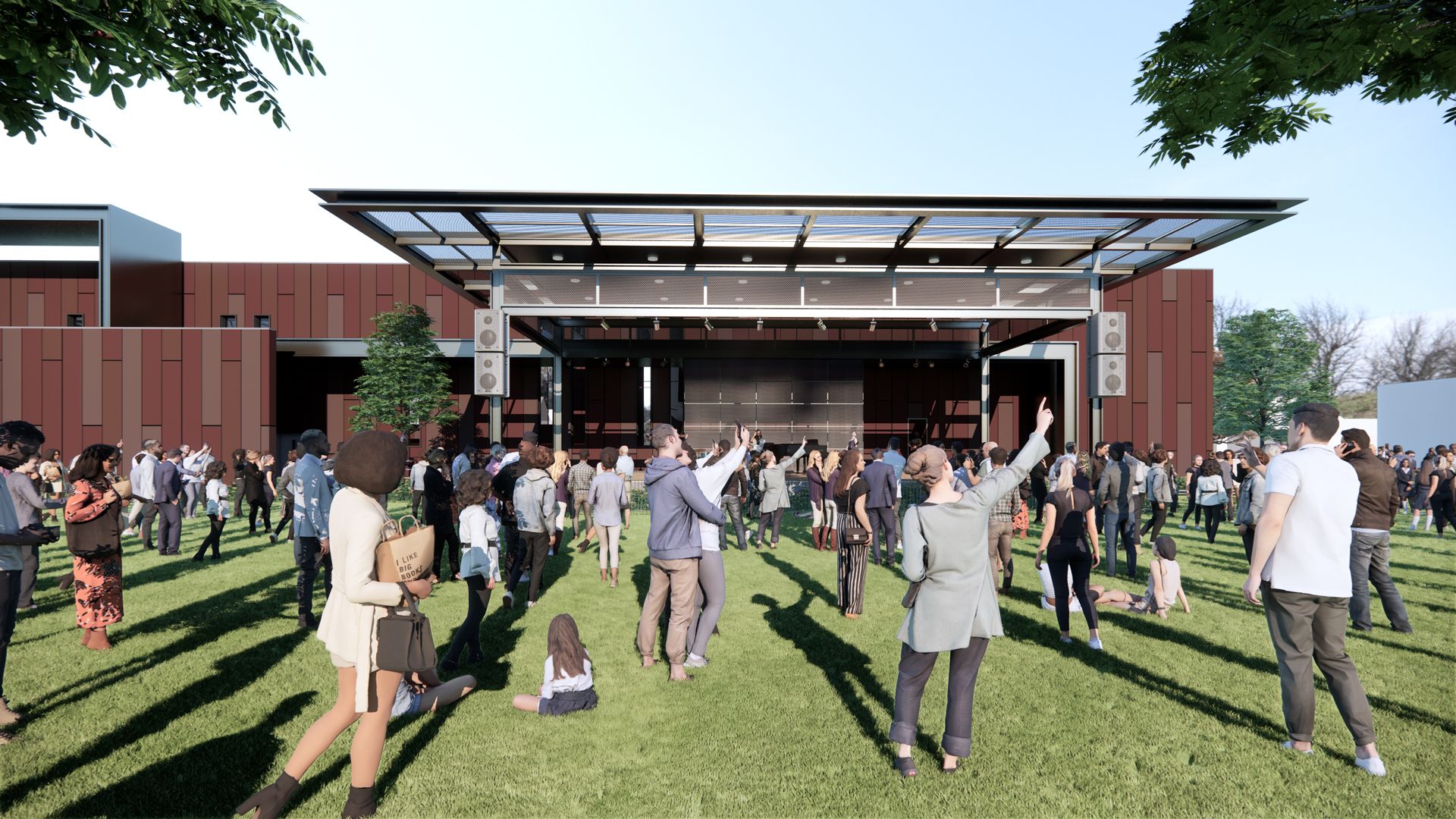 Rendering of a crowd of people outdoors on green grass, facing a modern covered stage with speaker systems, under clear blue sky, some taking photos or raising hands, trees framing the scene.