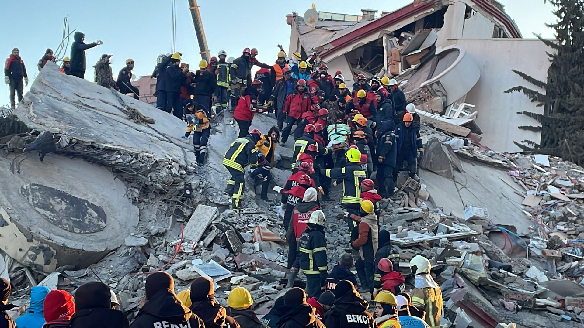 3 people are rescued from under rubble of collapsed building in Gaziantep, Turkiye after 7.7 and 7.6 magnitude earthquakes hit Turkiye's Kahramanmaras, on February 09.