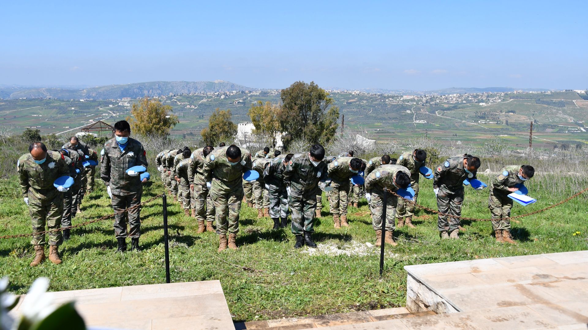 Members of the 19th batch of Chinese peacekeeping forces to Lebanon pay tribute to martyrs including Du Zhaoyu on the occasion of Qingming Festival in Khiam, Lebanon