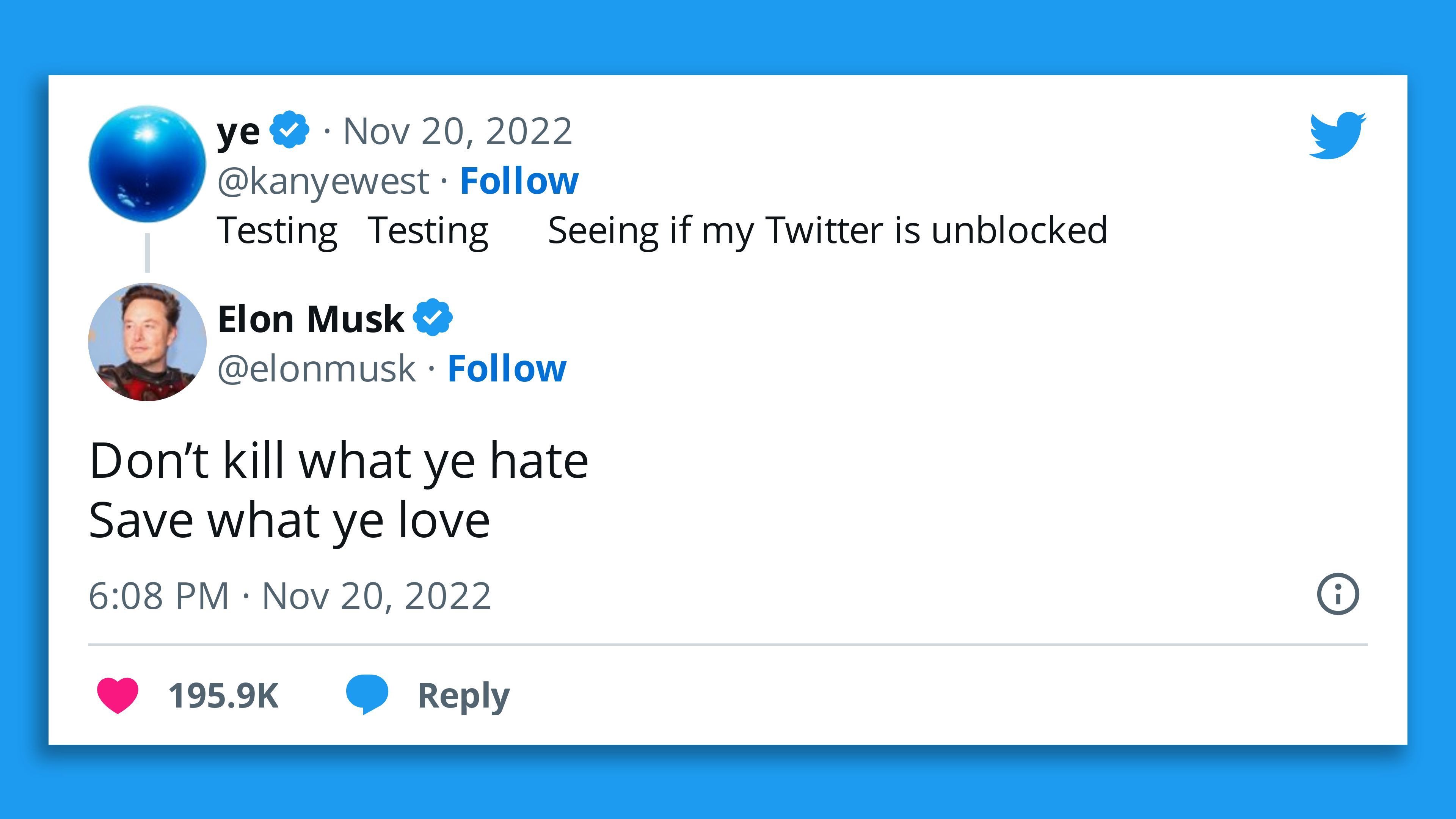 A screenshot of Elon Musk welcoming Ye back to Twitter.