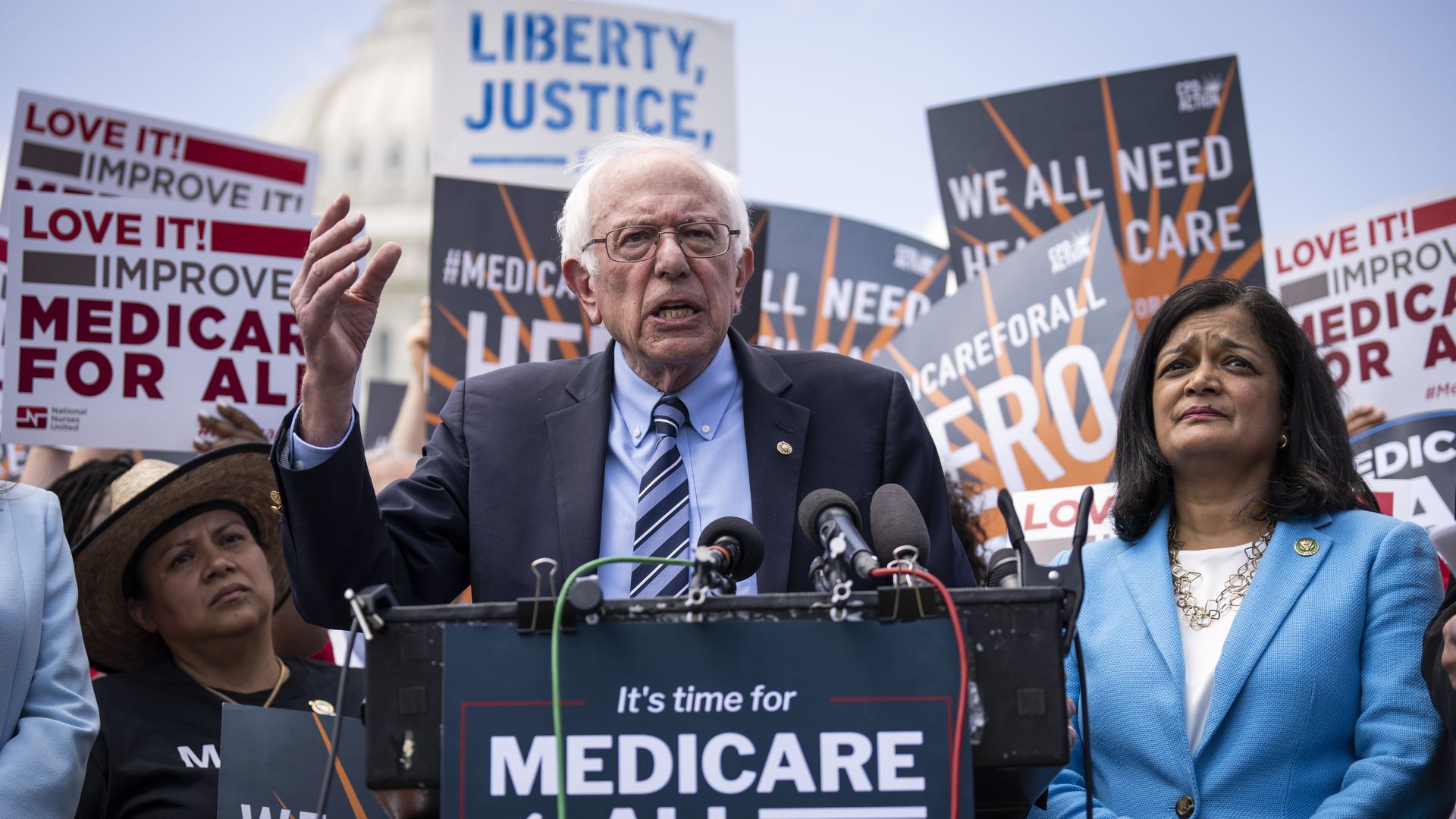 Senator Bernie Sanders and Congresswoman Pramila Jayapal speak at a rally for the Medicare for All Act