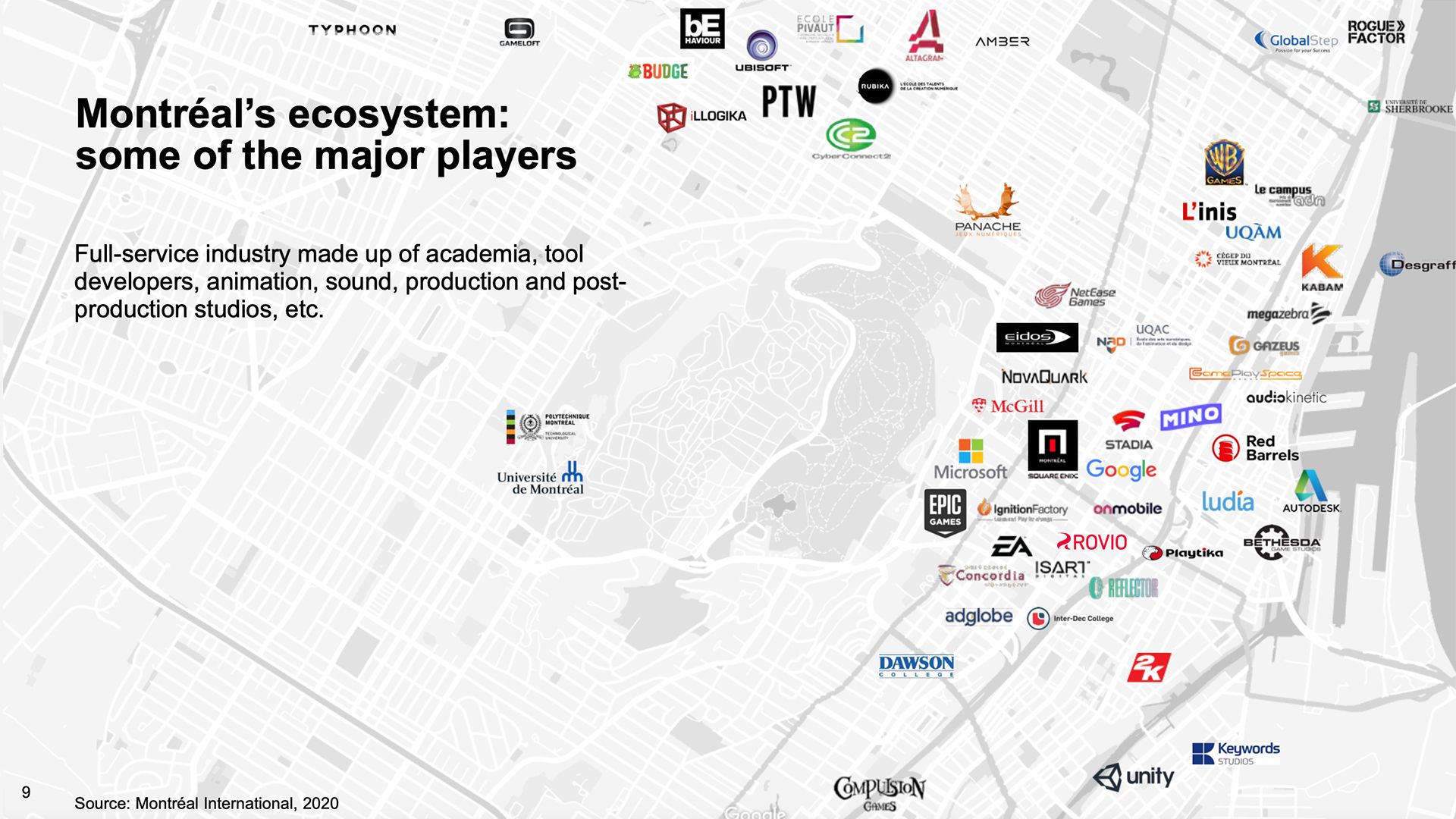Map showing locations of many of Montreal's game studios