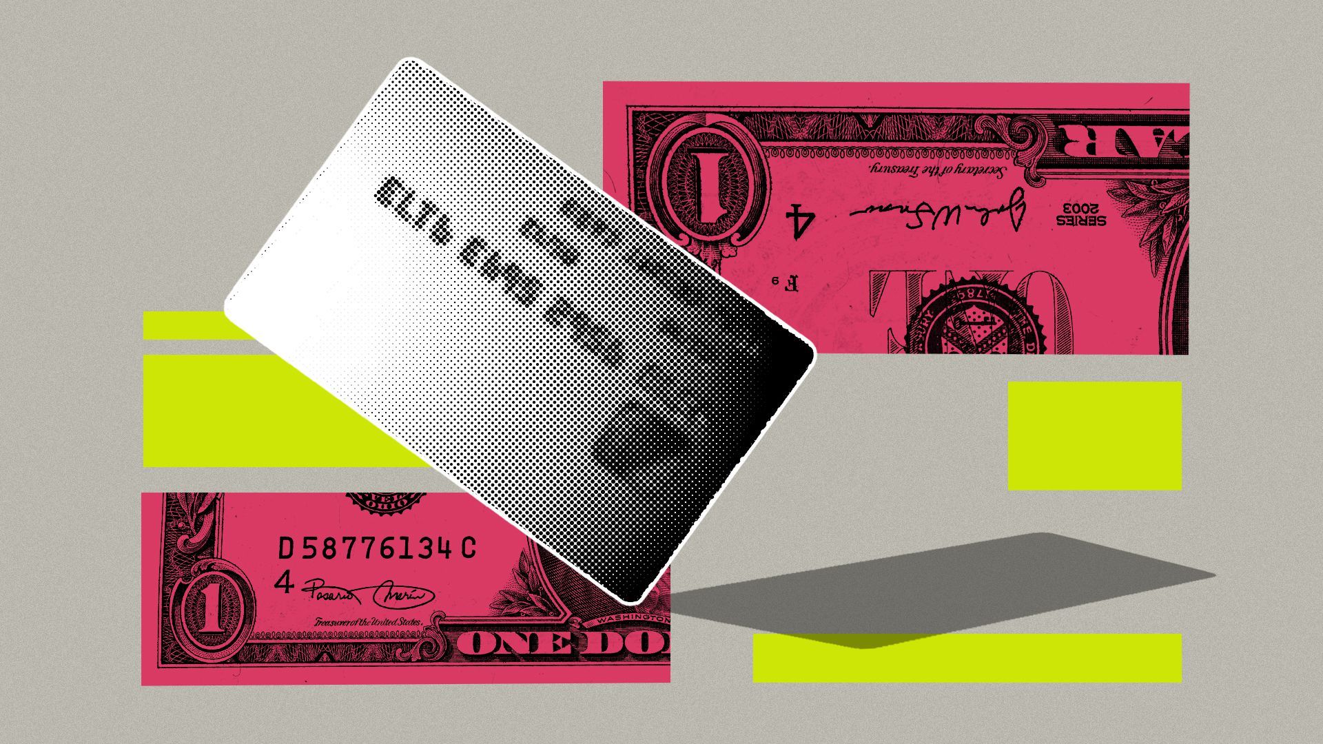 Illustration of a credit card surrounded by a one hundred dollar bill and other shapes
