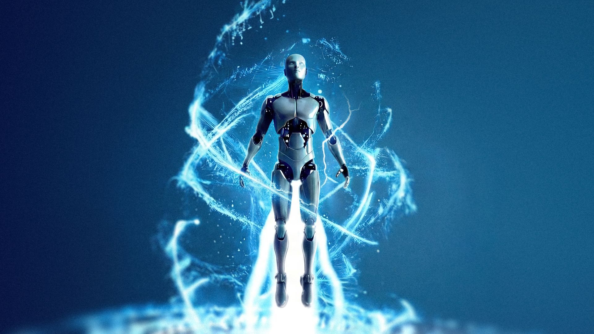 Silver humanoid robot floating against a blue background with electric blue light and swirling energy patterns surrounding it.