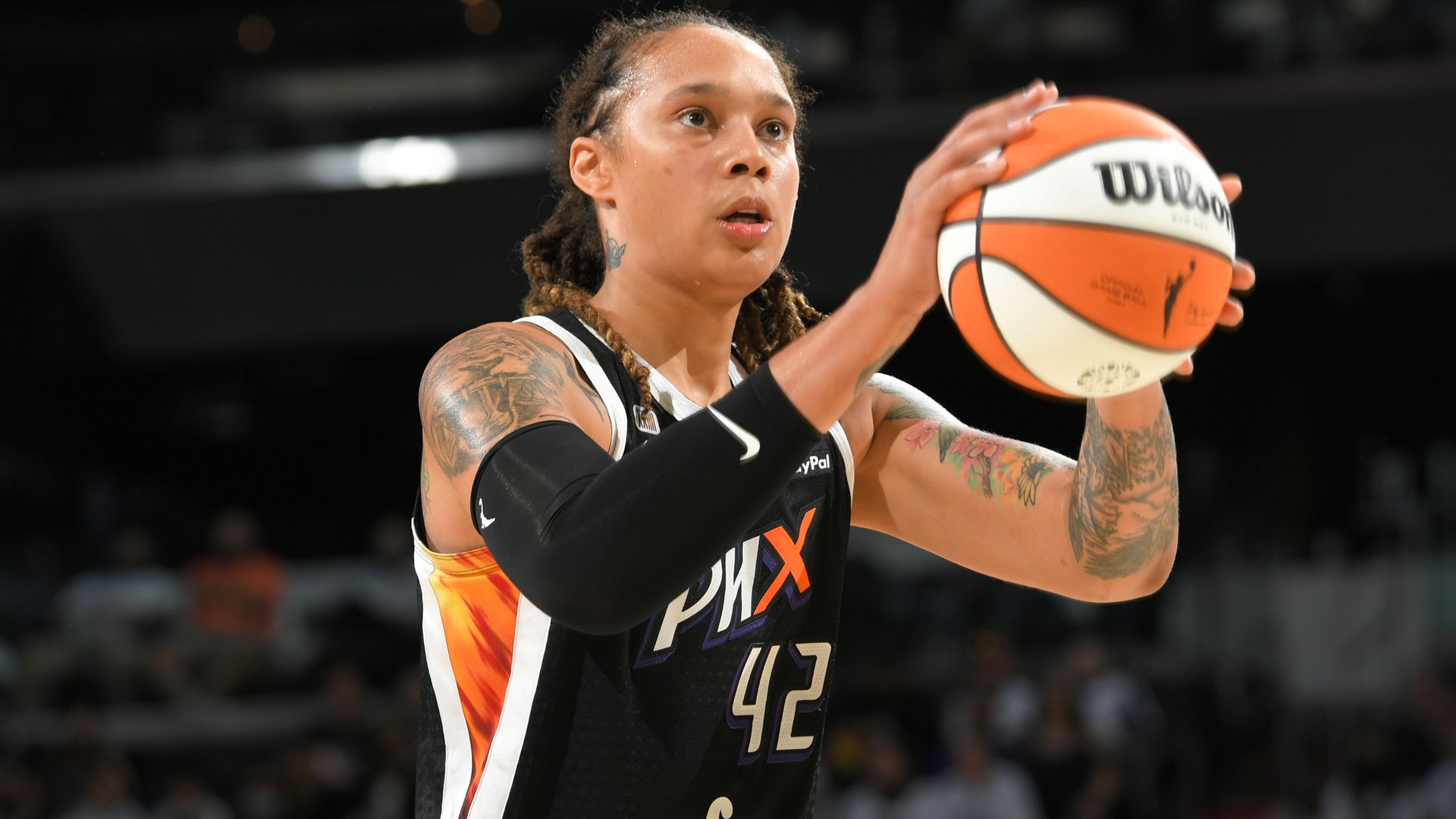 Brittney Griner #42 of the Phoenix Mercury looks on during the game.