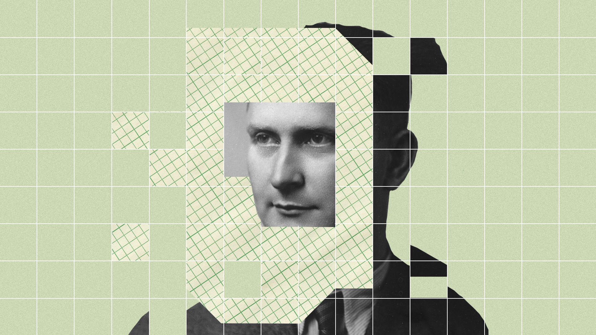 In this illustration, a man's face is cut out into digital blocks.