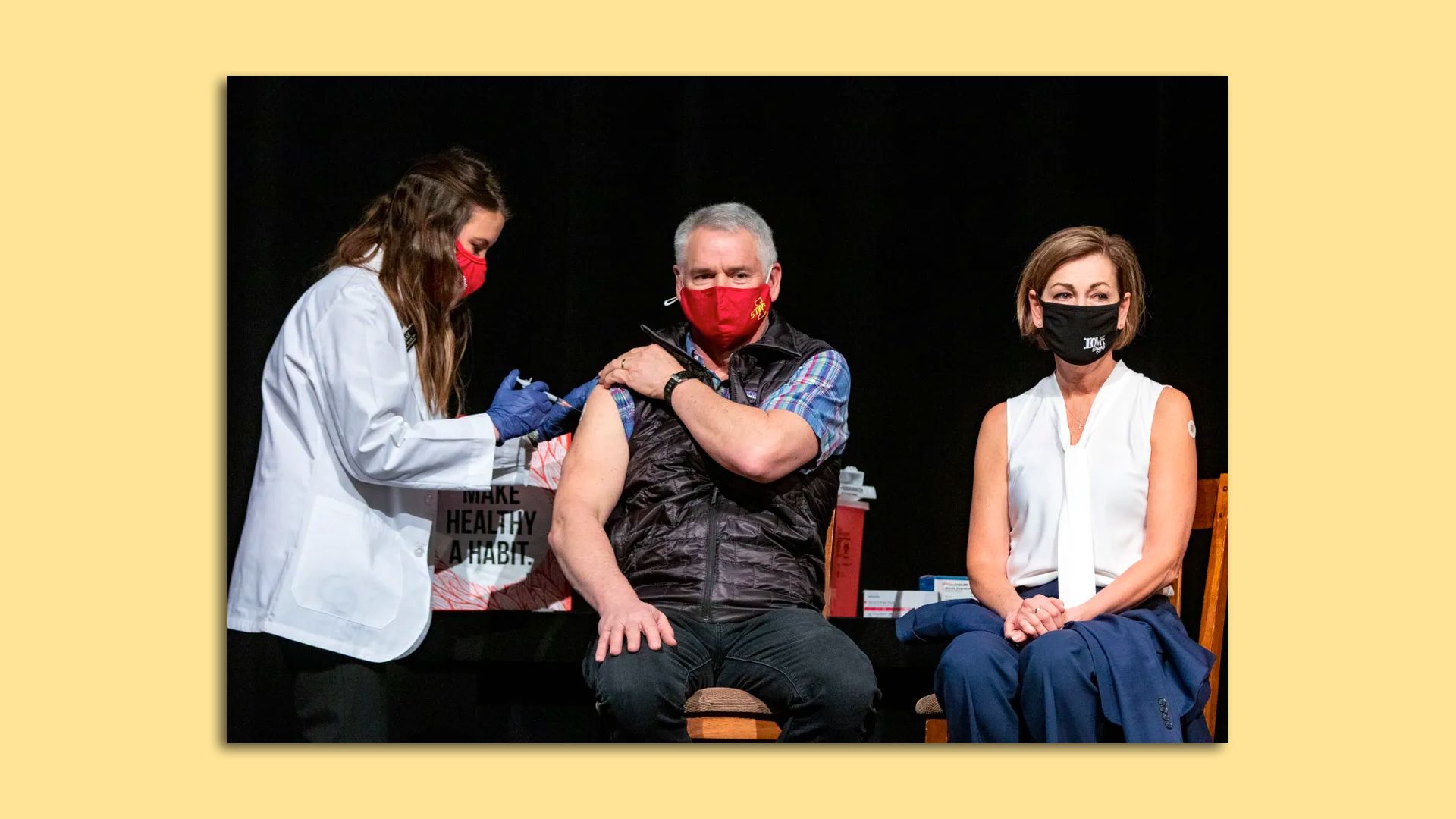 A photo of Iowa Governor Kim Reynolds and her husband Kevin Reynolds get the Johnson & Johnson COVID-19 vaccine during a news conference at Iowa PBS in Johnston, Wednesday
