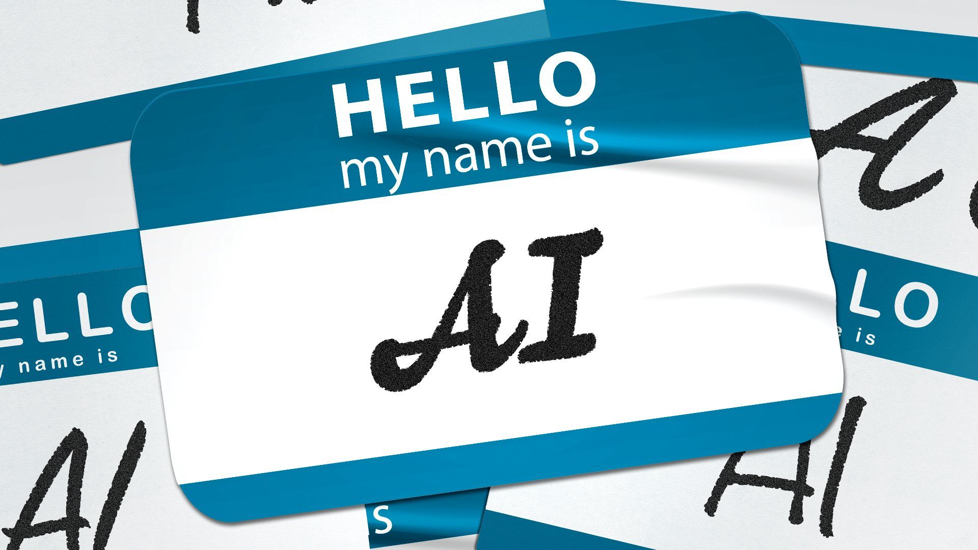 Illustration of multiple name tags that all say "Hello my name is AI."