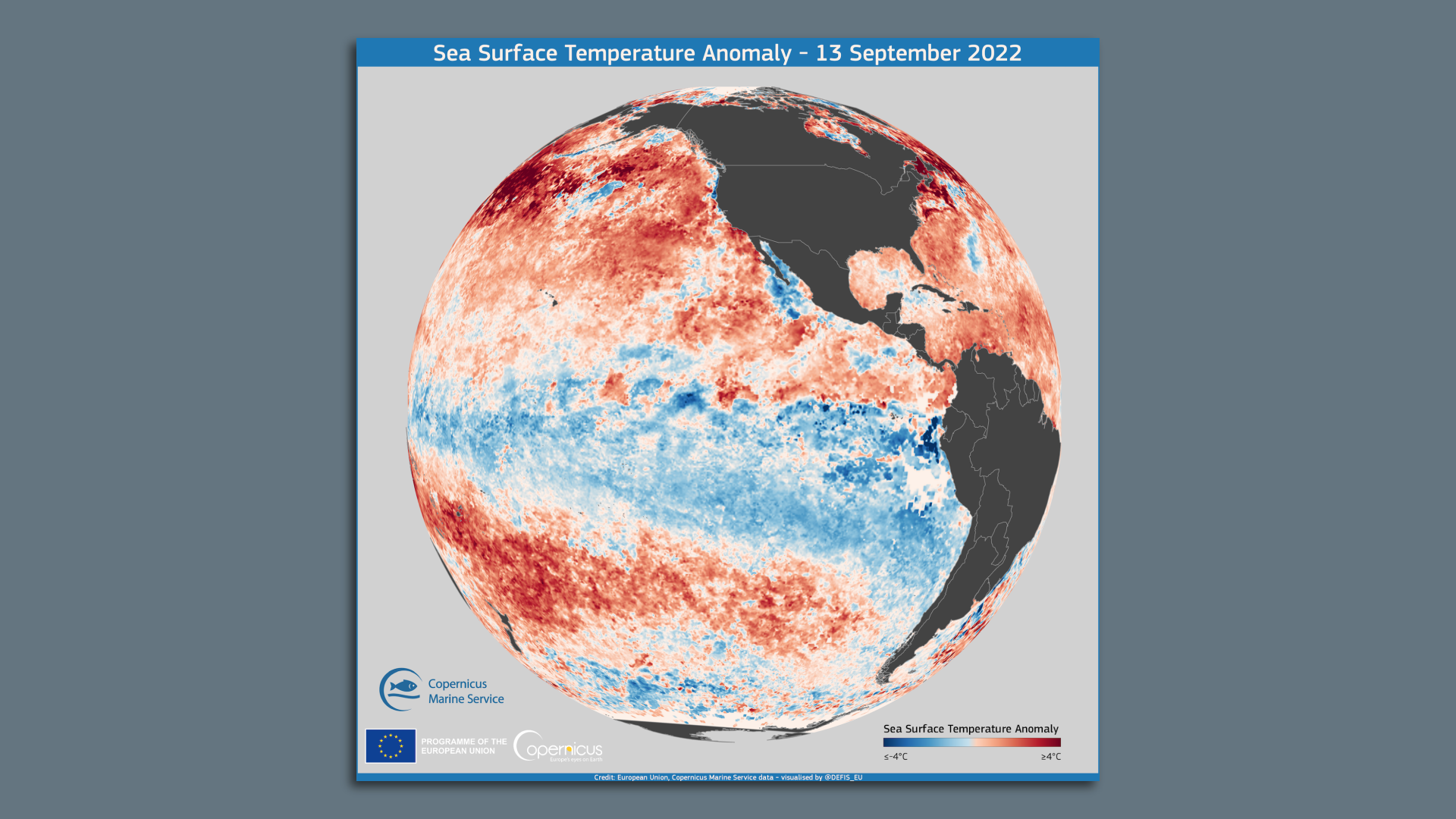 Sea surface temperature anomalies in the tropical Pacific, showing the telltale signs of La Nina. 