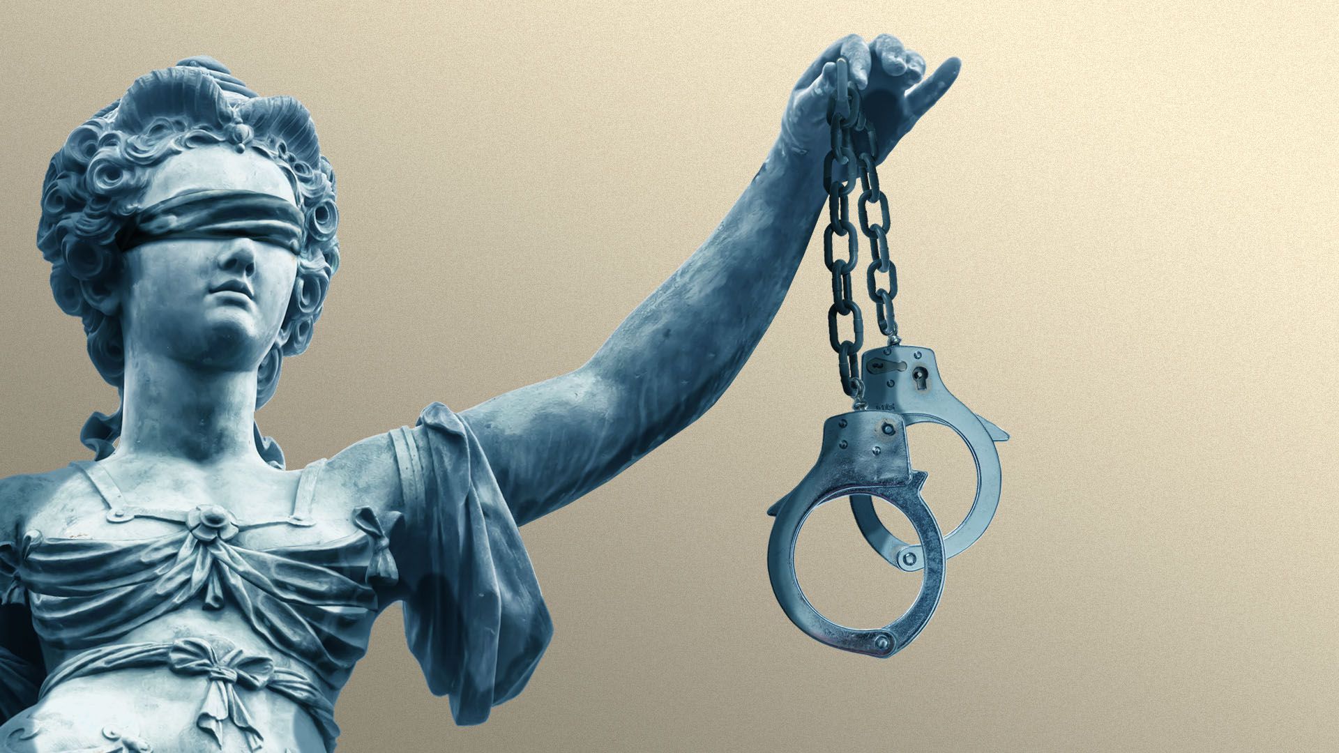 Illustration of the statue of Justice holding handcuffs in place of a scale