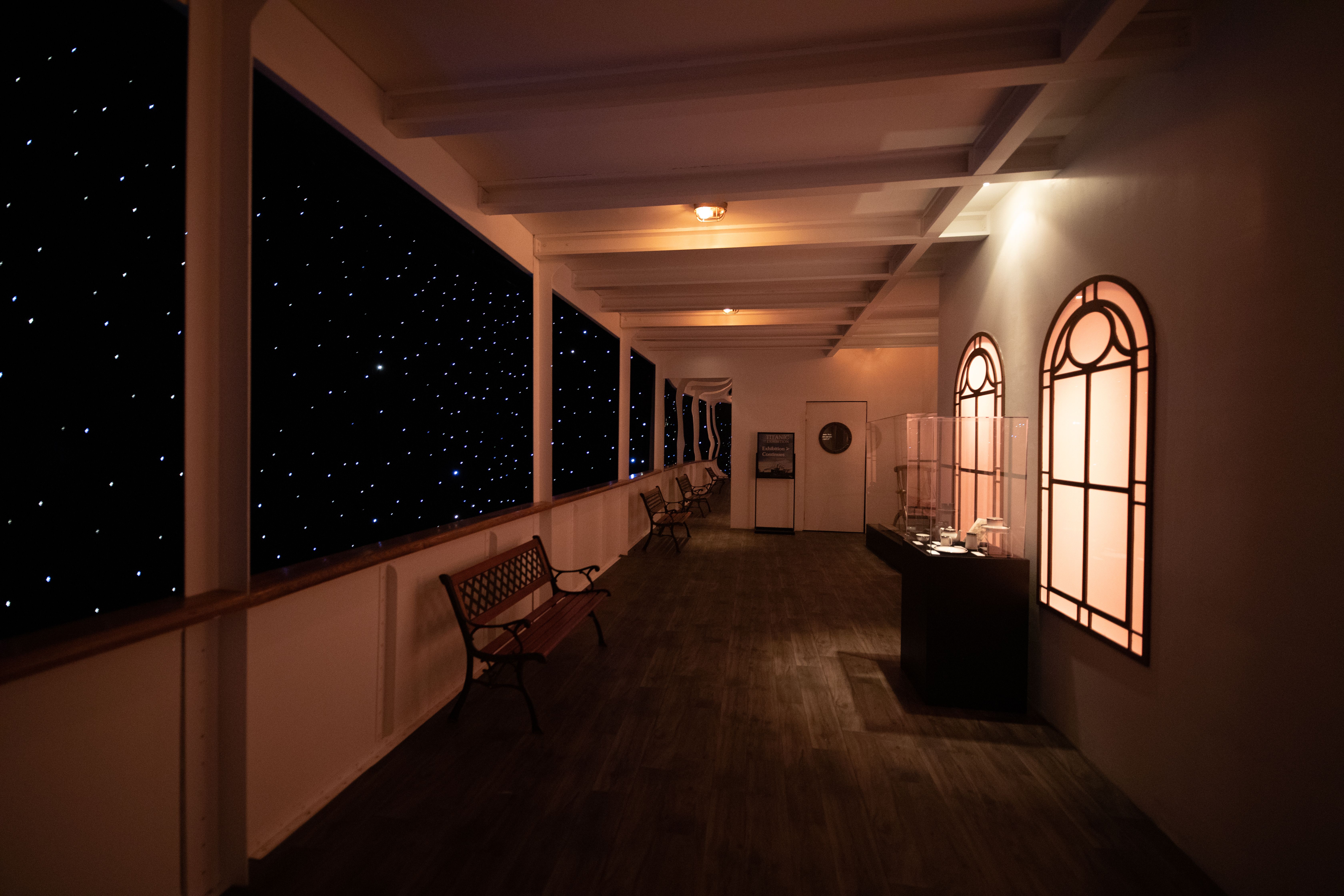 A recreation of the Titanic's deck, featuring a starry night sky.