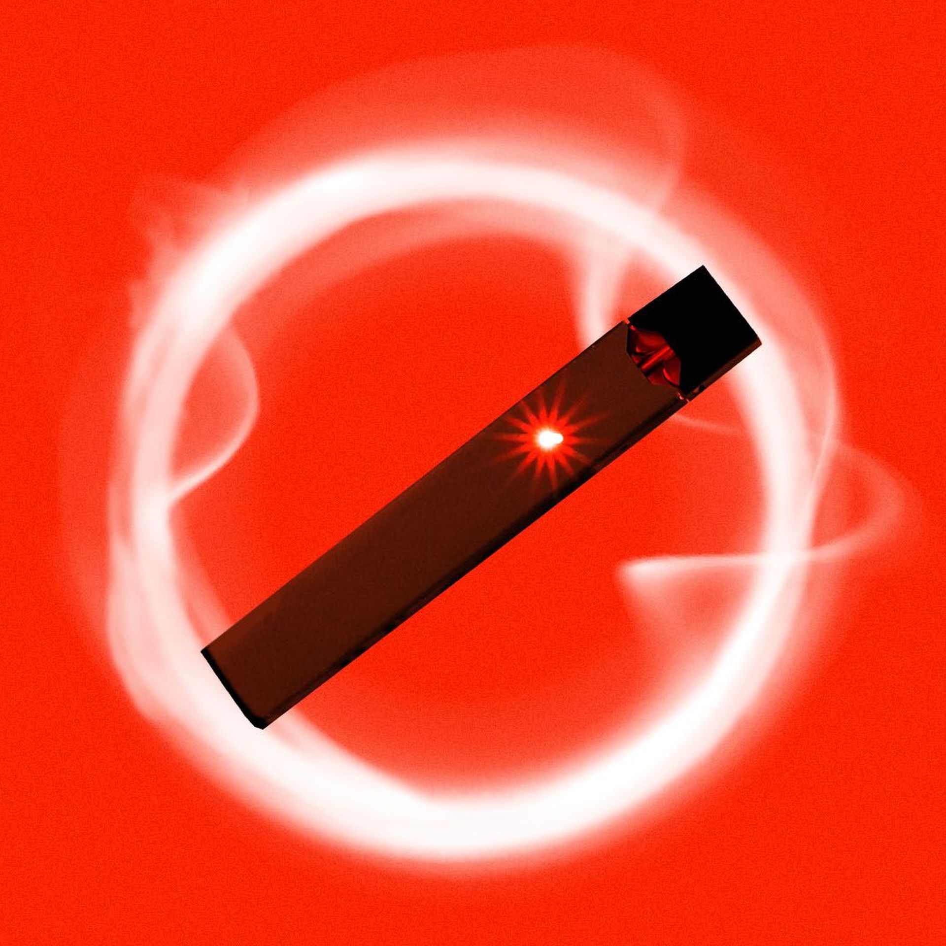 Illustration of a juul device forming a "no" symbol with a cloud of vapor around it