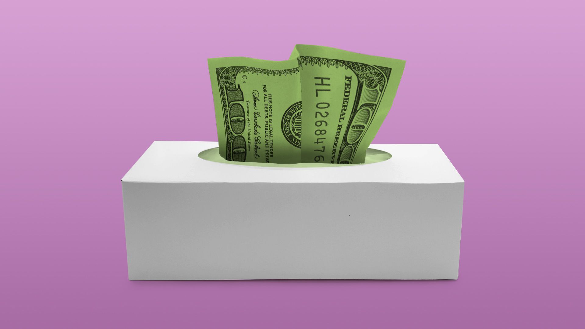 Illustration of a tissue box filled with money instead of tissues.
