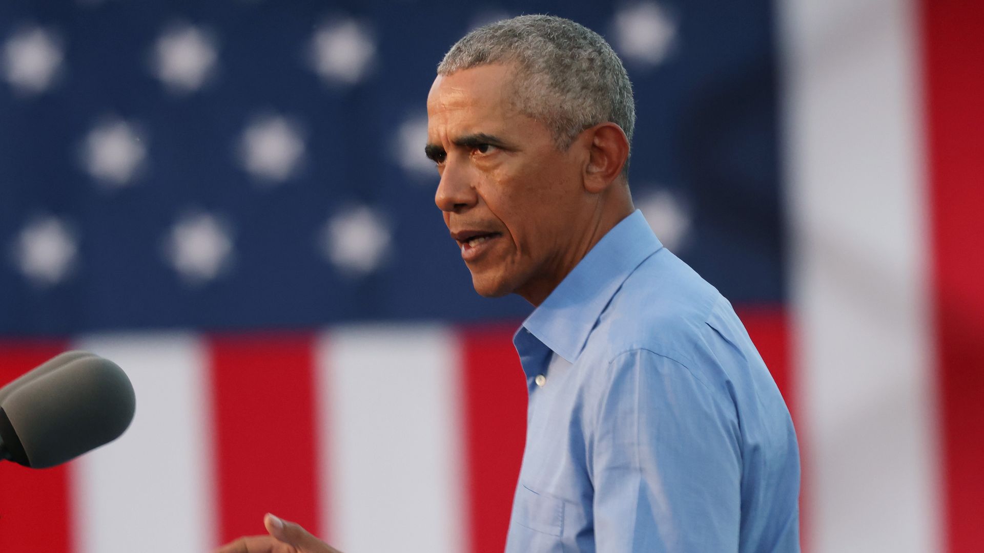 Former U.S. President Barack Obama speaks during a drive-in rally while campaigning for Democratic nominee Joseph Biden, on October 21, 2020 in Philadelphia, Pennsylvania. 