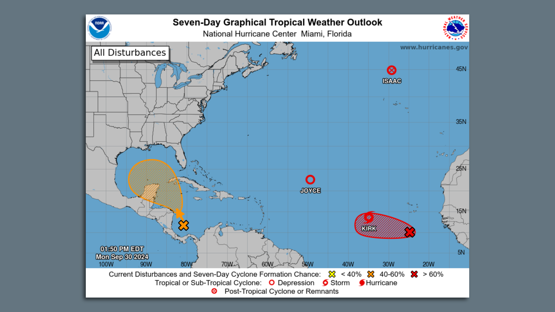 Image shows a map from the National Hurricane Center with disturbances marked in red and orange.