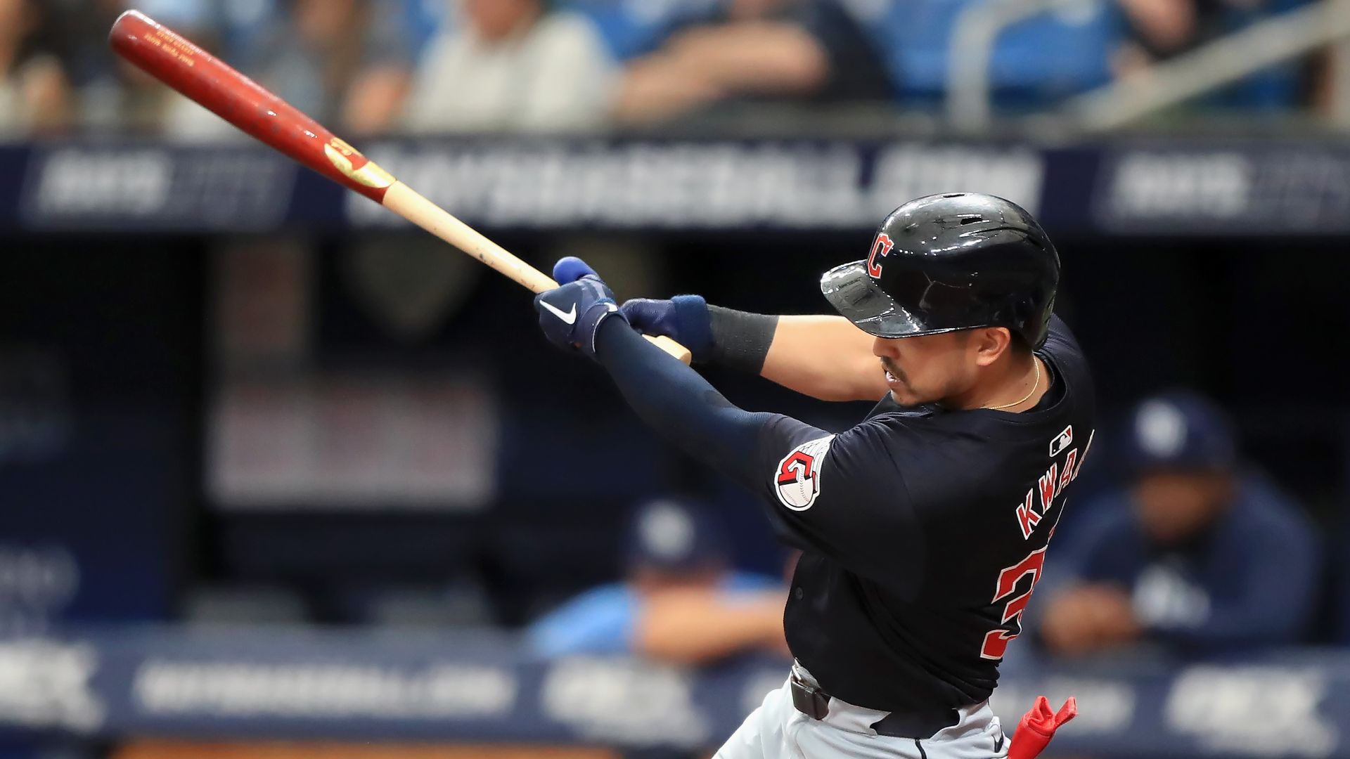 Guardians Steven Kwan swings at a pitch.