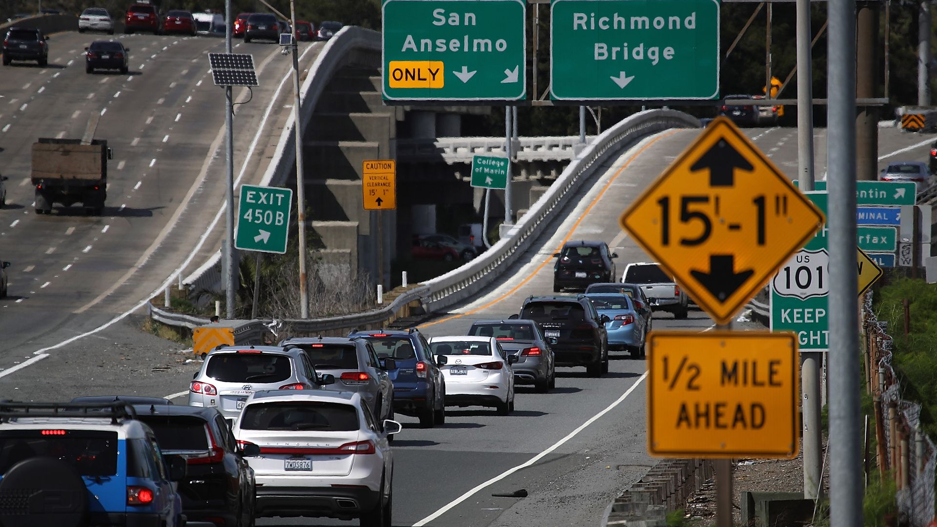 Traffic backs up on an exit from Highway 101 on May 1, 2018, in Larkspur, California. 