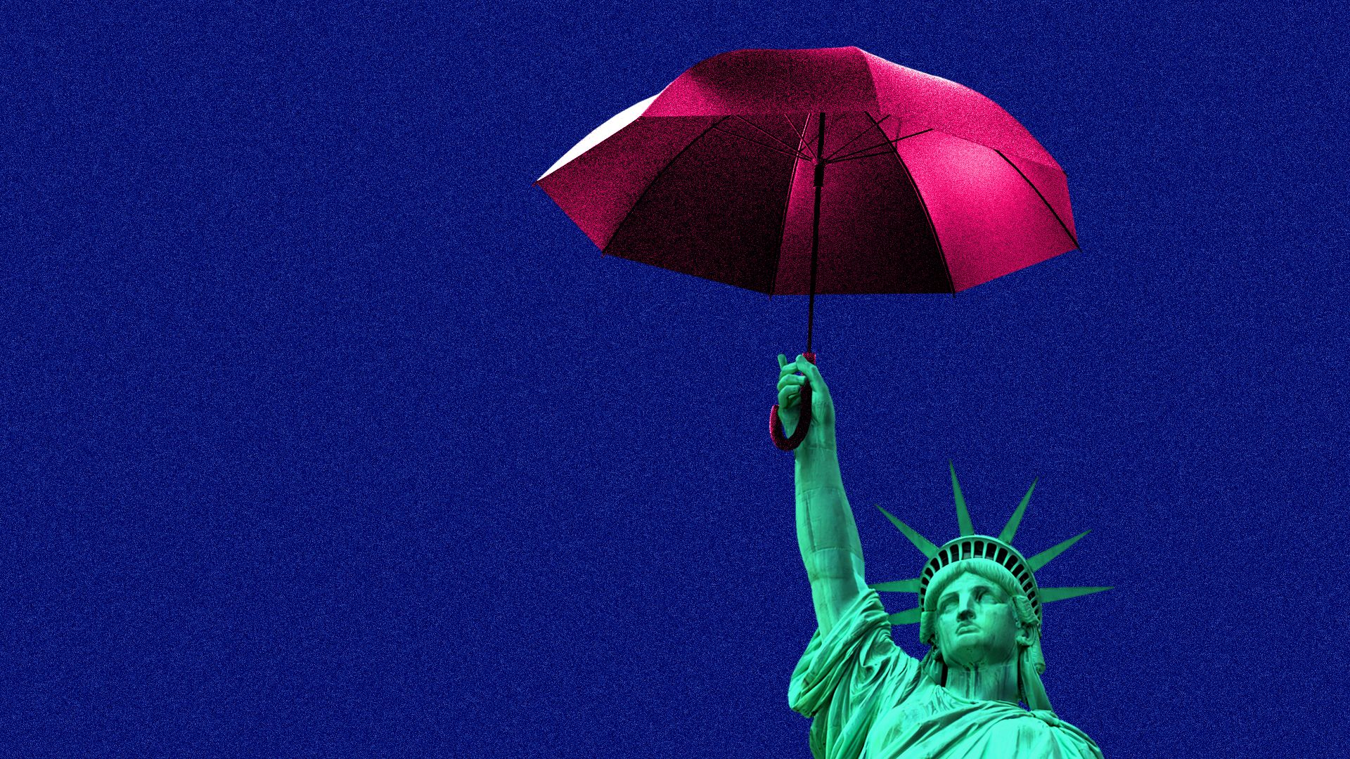 Illustration of the Statue of Liberty holding up a red umbrella against a blue background