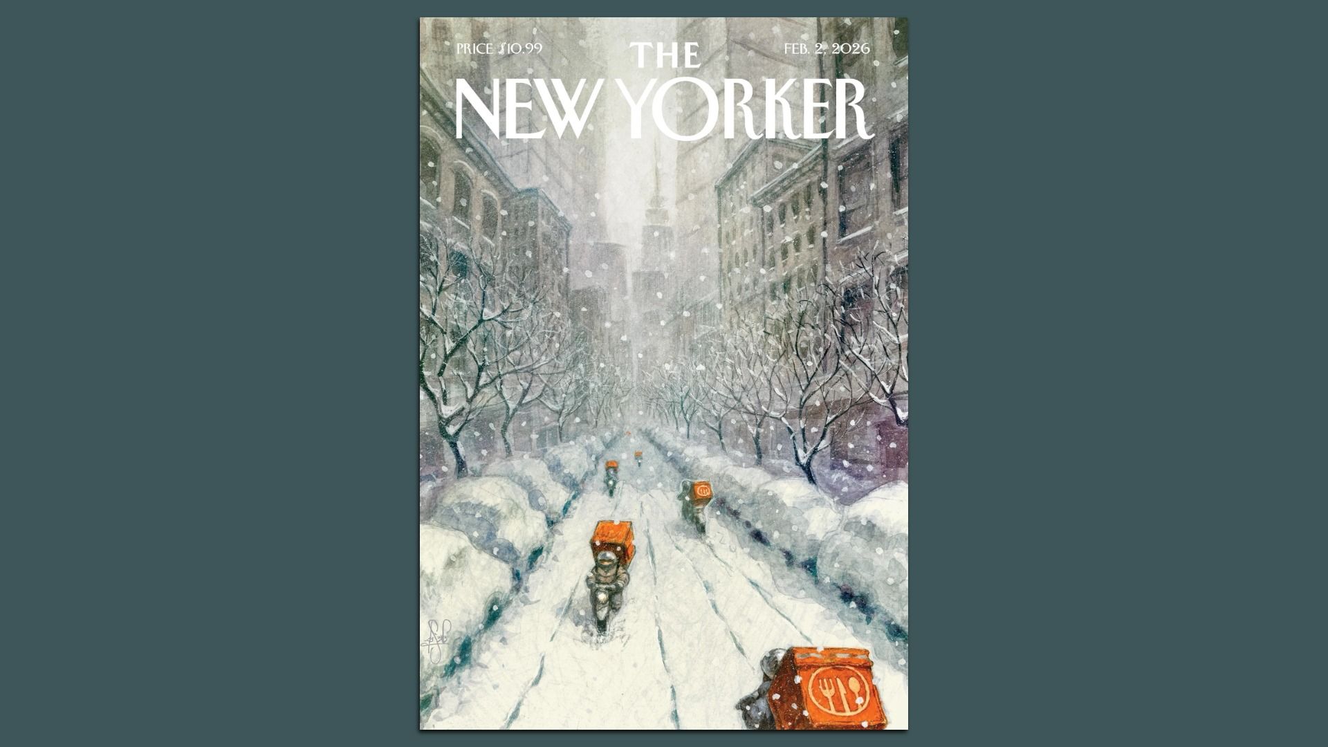 Cover of The New Yorker magazine, Feb. 2, 2026 issue, showing a snowy city street with bare trees and delivery workers on bikes carrying orange food delivery boxes through heavy snowfall.