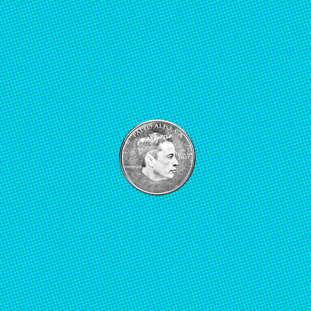 A coin with Elon Musk's face on it grows in size