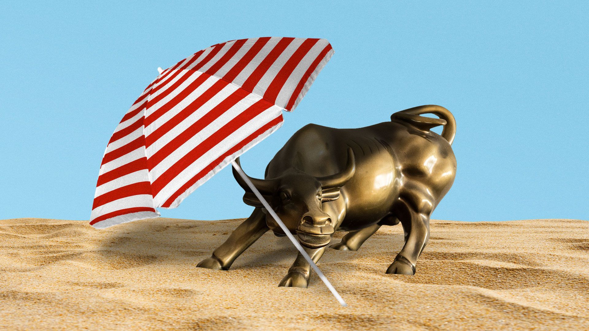 Illustration of Wall Street bull at a beach with a giant umbrella