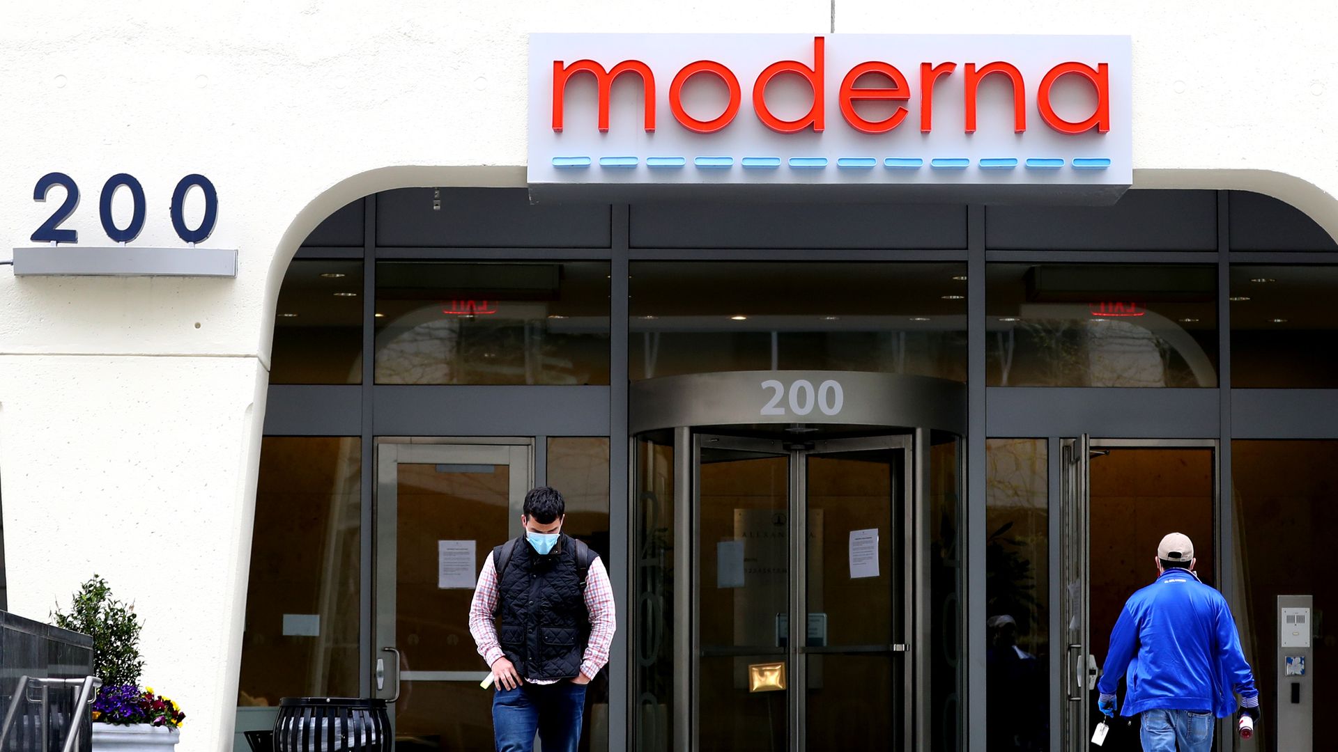 The red lettering of drugmaker Modern's logo on its headquarters building.