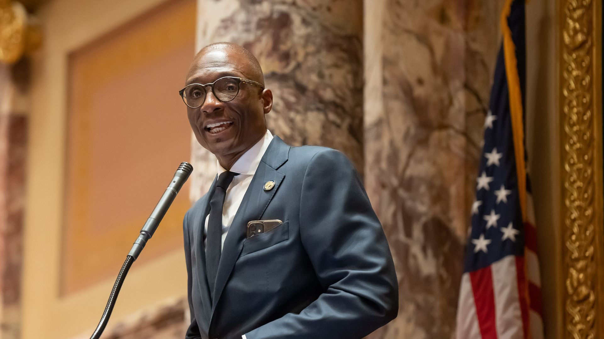 Bobby Joe Champion standing at the Senate rostrum