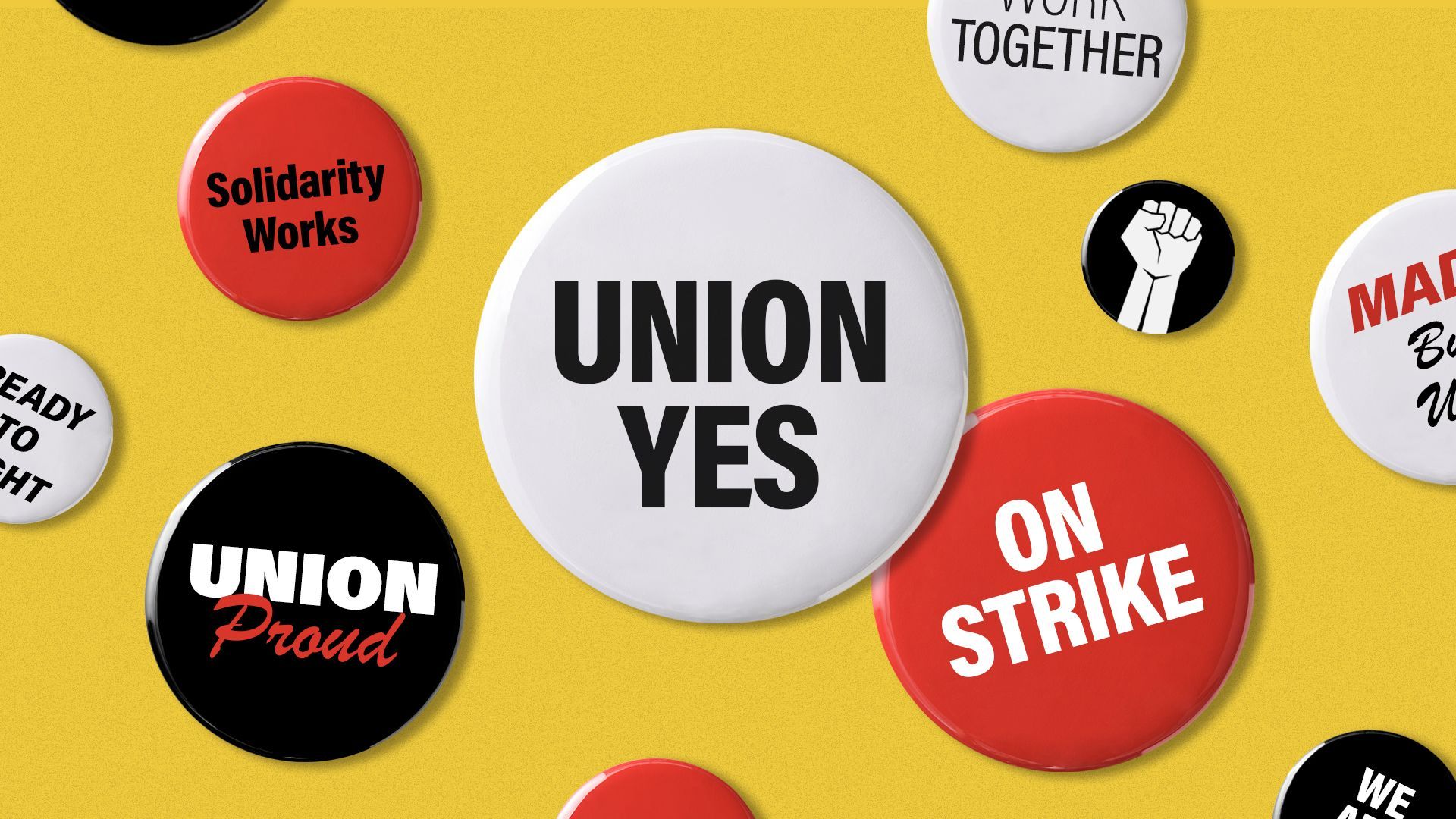 Illustration of pinback buttons with union slogans