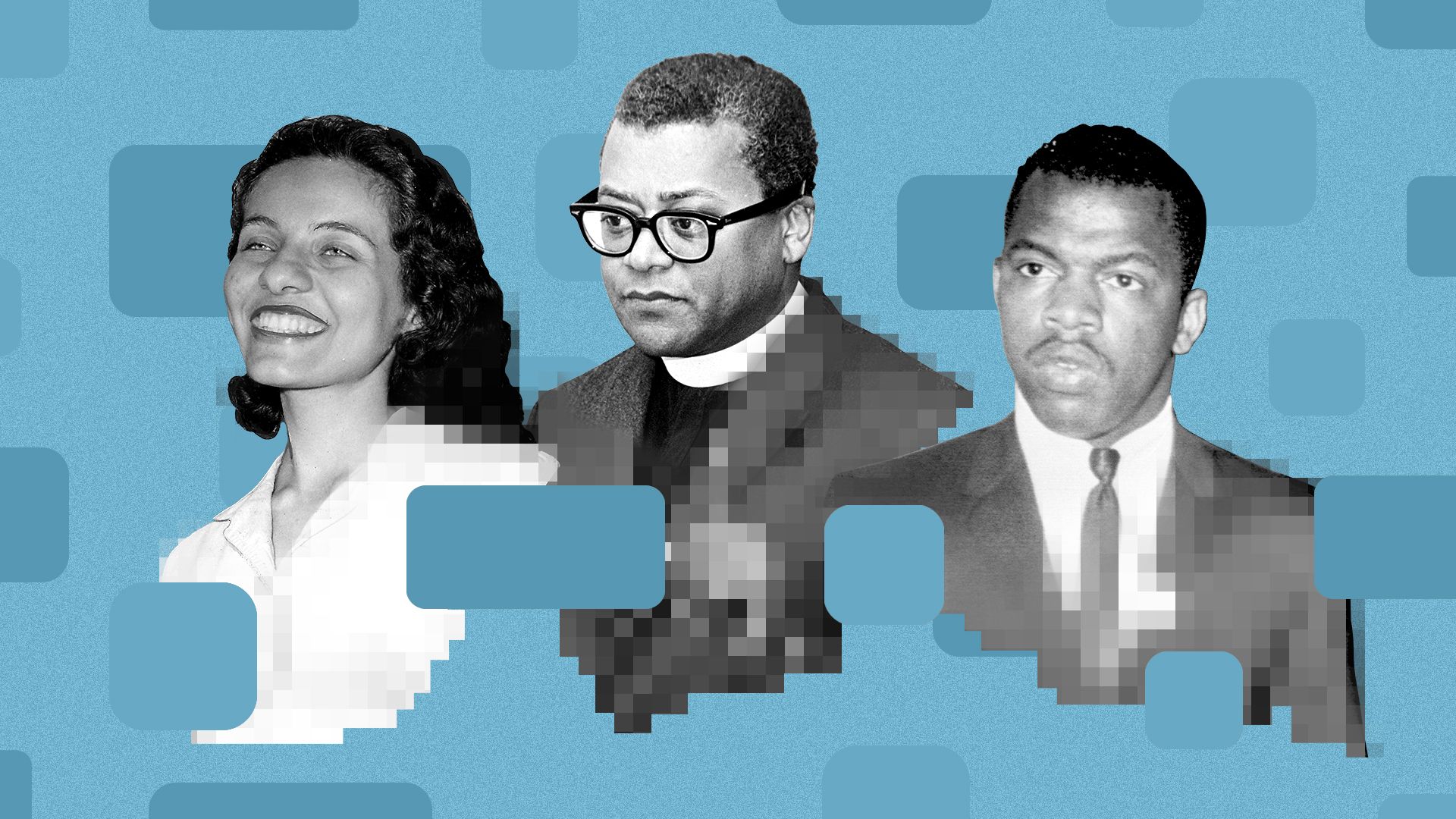 Photo illustration of a collage featuring Diane Nash, James Lawson and John Lewis, partially pixelated and over a pattern of smart phone and app shapes.