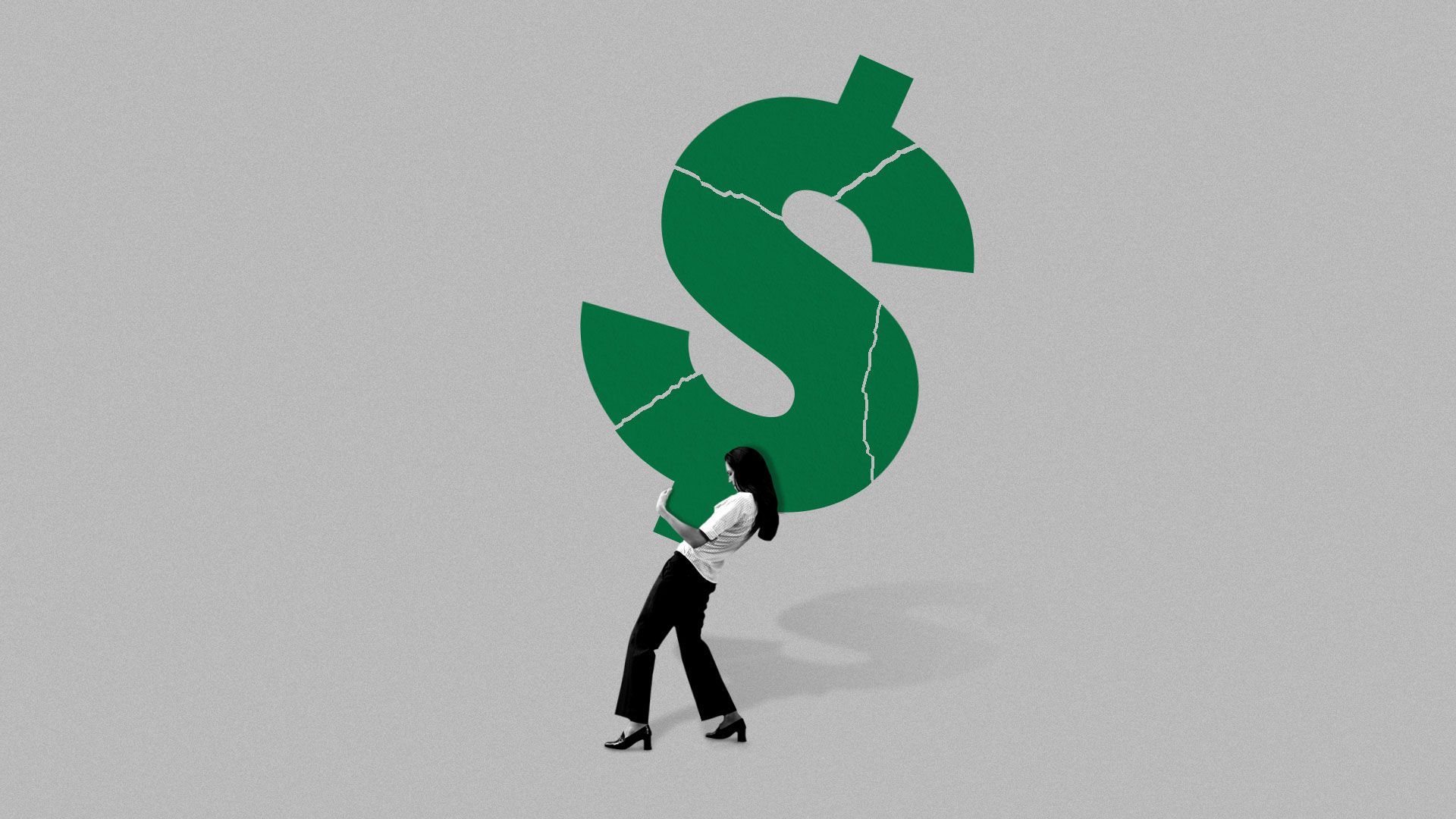 Illustration of woman struggling under the weight of crumbling dollar sign