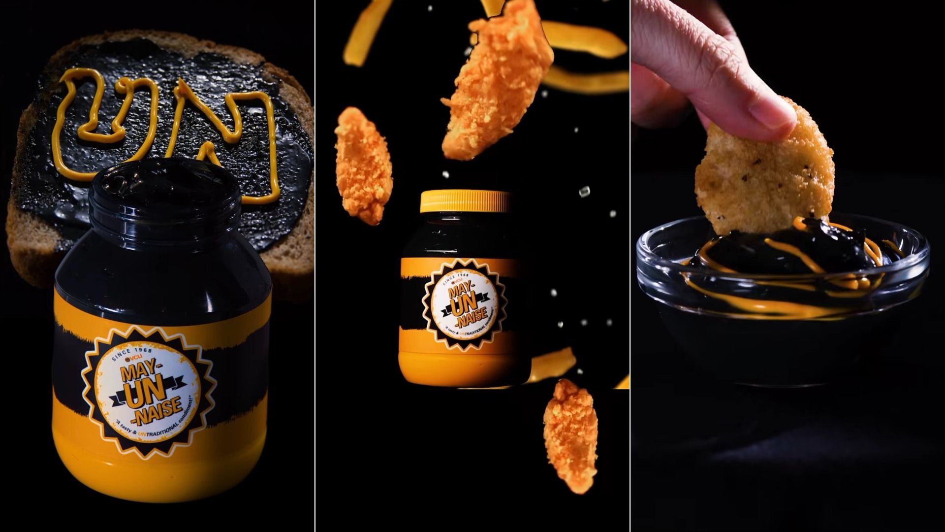 Three-panel collage: a yellow jar labeled "MAY-UNAISE" with a black lid; fried chicken nuggets fly midair; a hand dips a nugget into a swirl of orange sauce in a dark bowl.