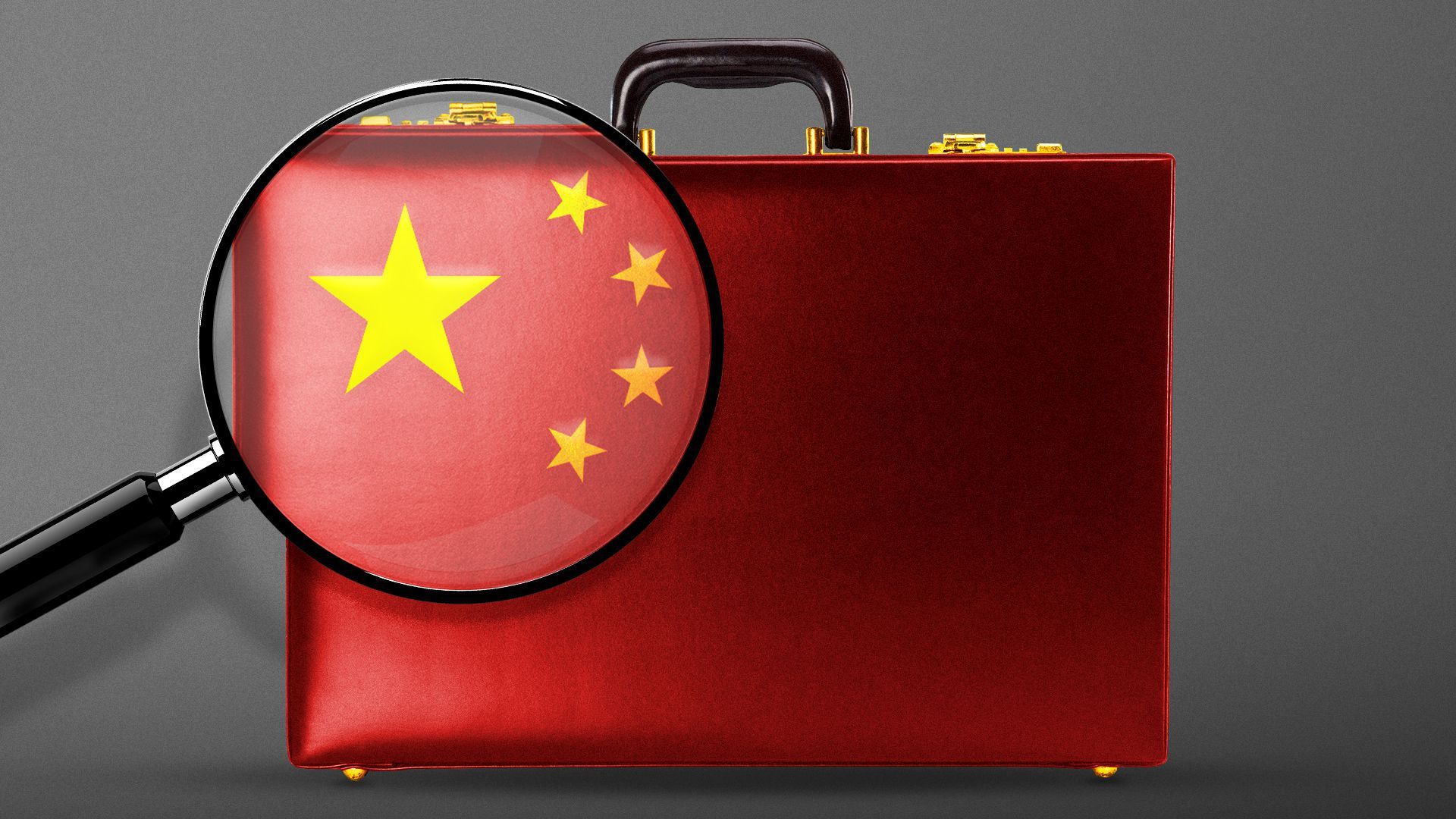 Illustration of a magnifying glass looking at a briefcase with the Chinese flag.