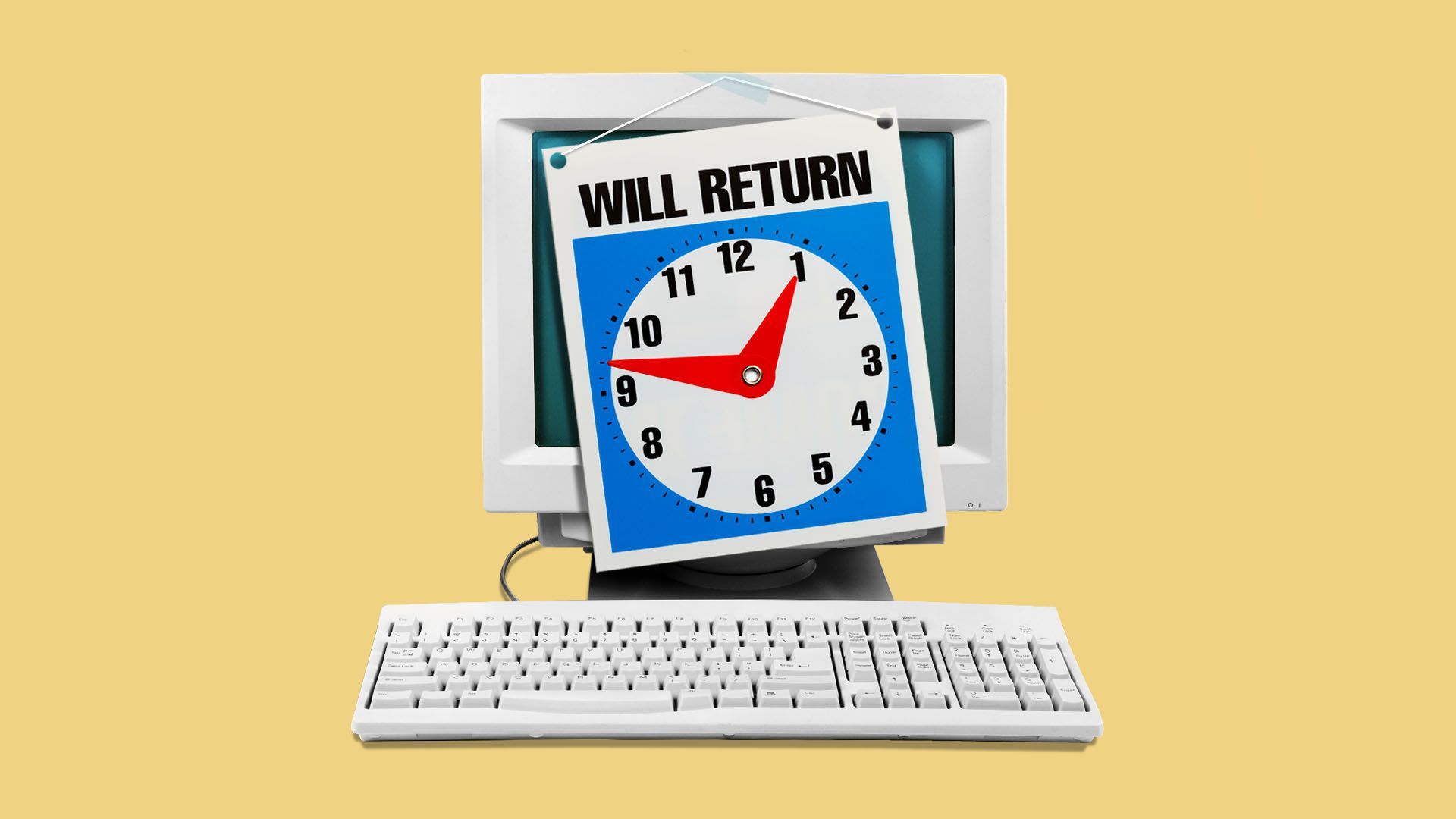 Illustration of a computer with a "will return" sign on it