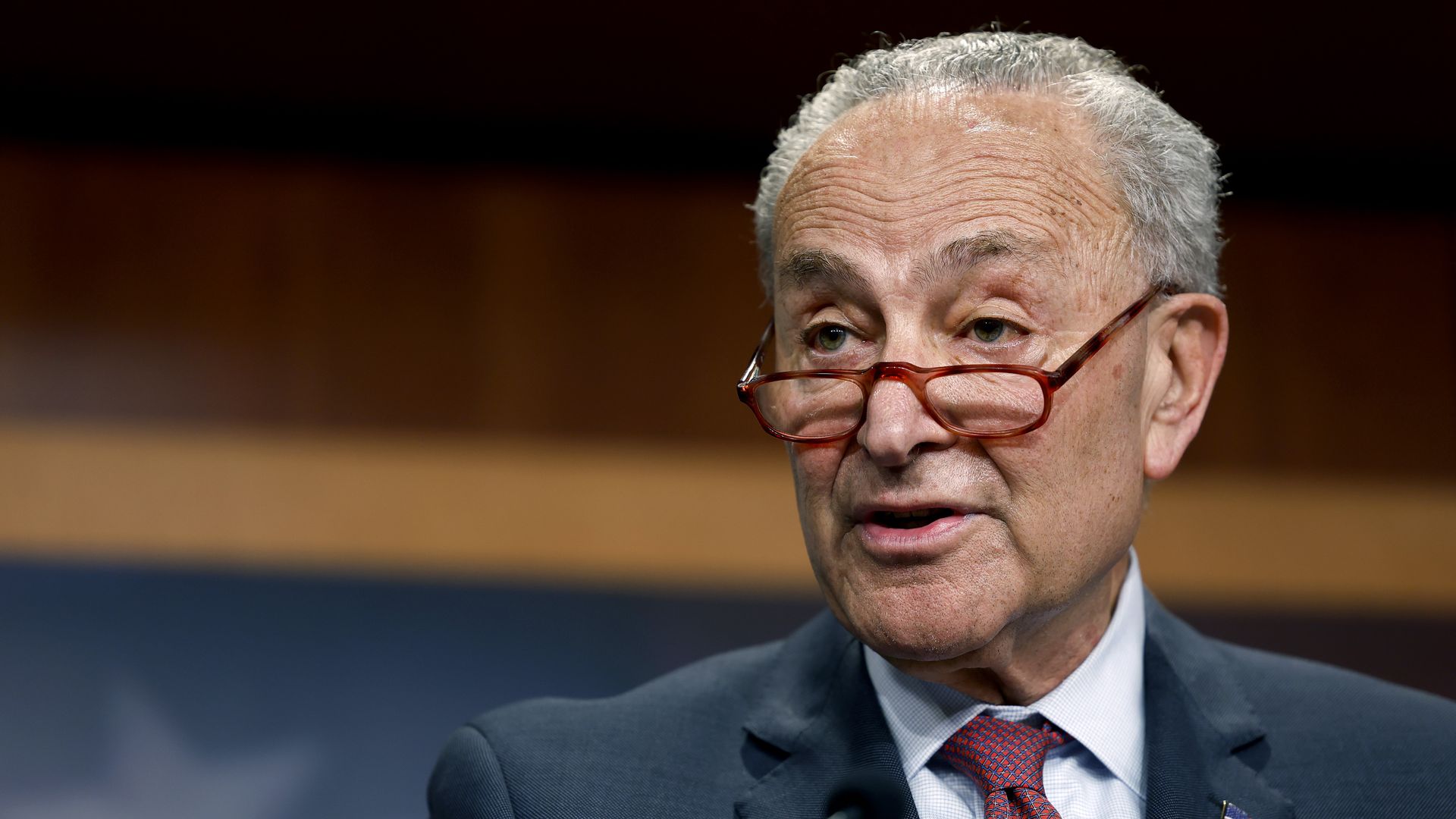Senate Majority Leader Chuck Schumer (D-NY) speaks to reporters at a press conference at the U.S. Capitol Building on April 17, 2023 in Washington, DC.