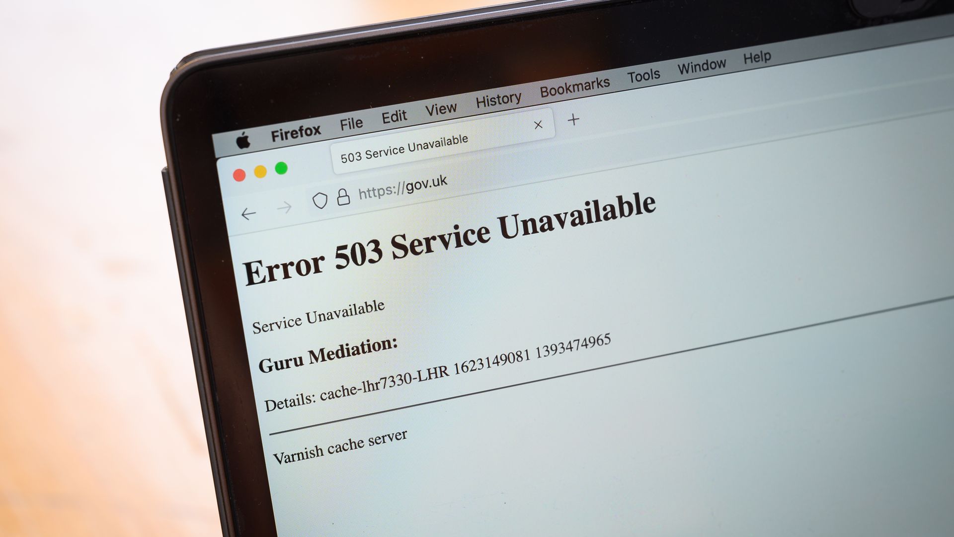 a screen displays a holding page of the Gov.UK Government website portal on June 08 after Fastly's internet outage.