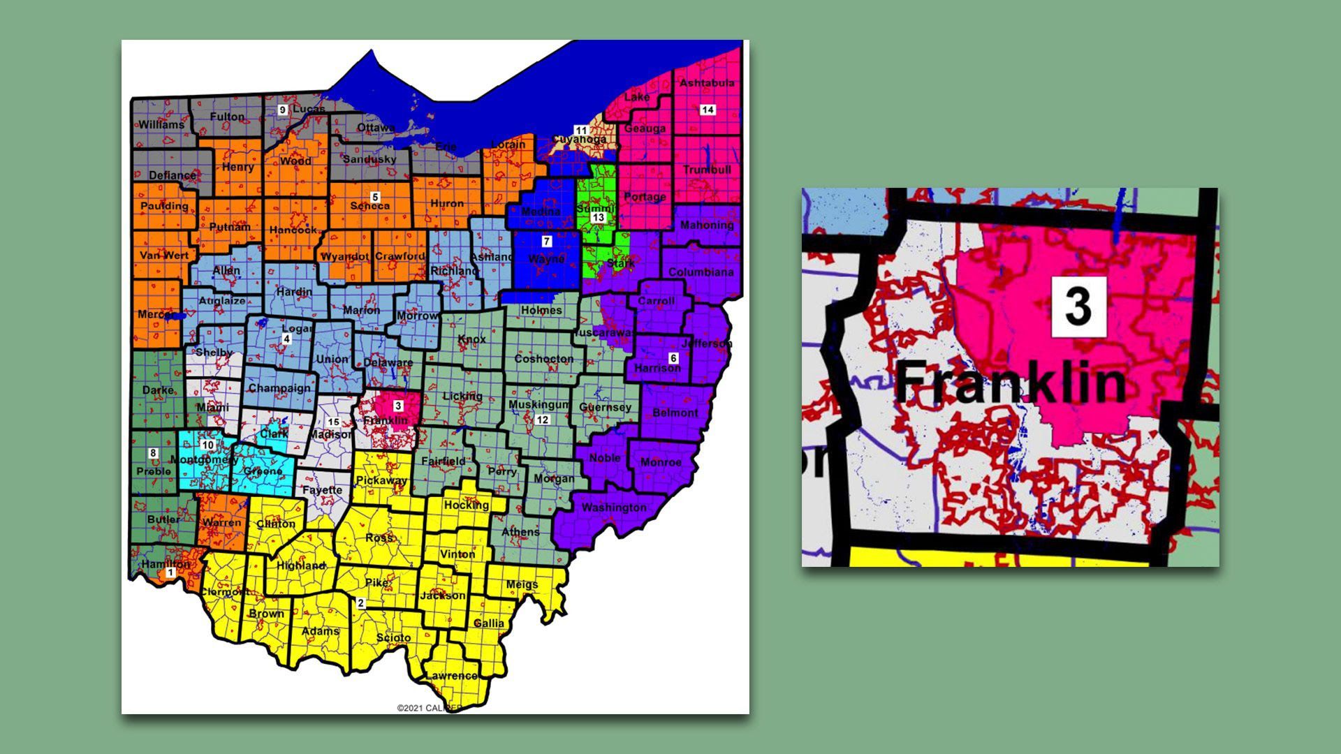 Ohio's new congressional district map, and a close-up of Franklin County.