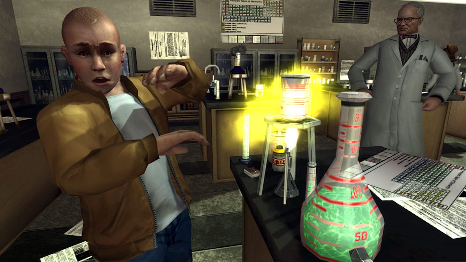 Video game screenshot of a male high school student in a chemistry lab