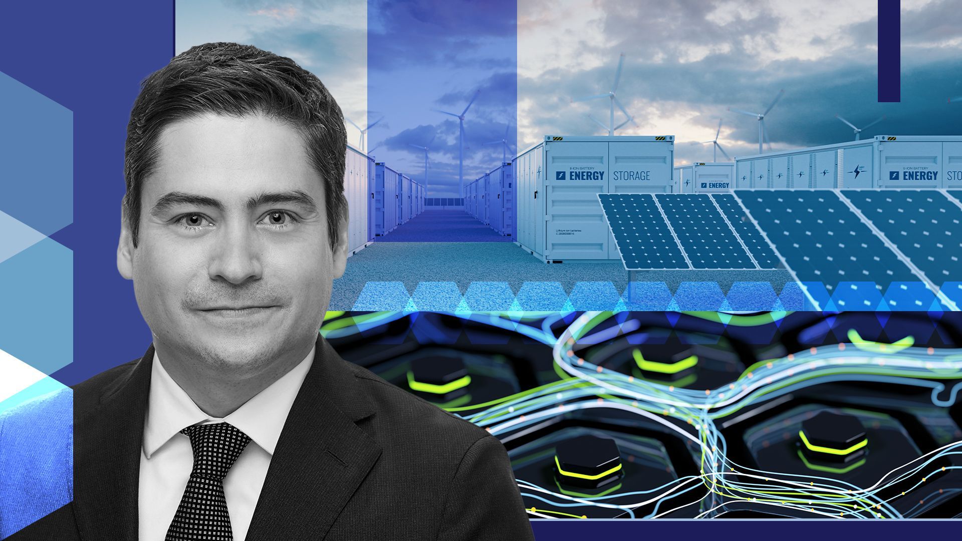 Photo illustration of Leonardo Moreno, president of AES Clean Energy and chair-elect of American Clean Power, with an abstract image of batteries, and a wind and solar power plant. 