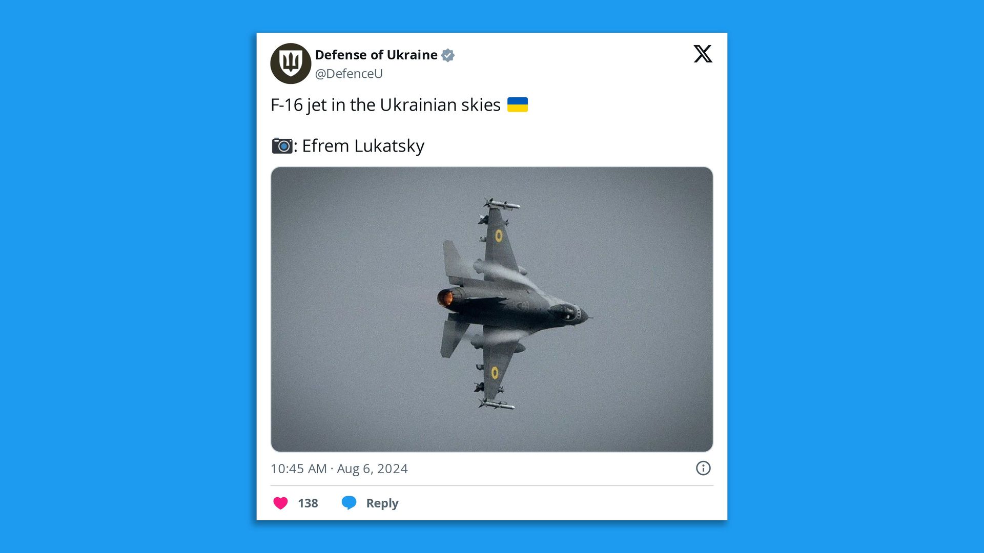 A post on X, formerly Twitter, showing American-made F-16 aircraft flying in Ukraine.