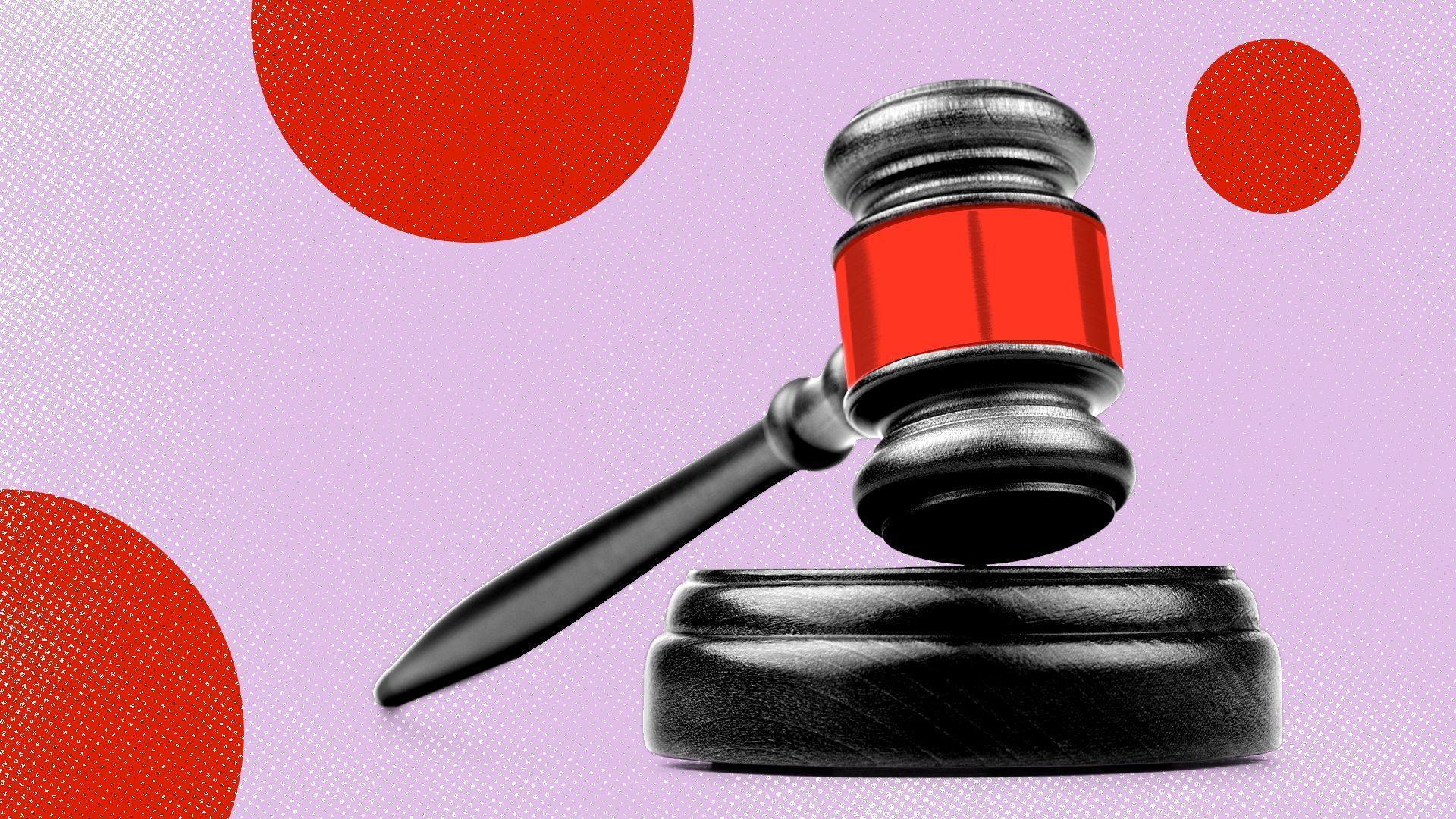 Photo collage of a gavel with a red metal band and red circles in the background.