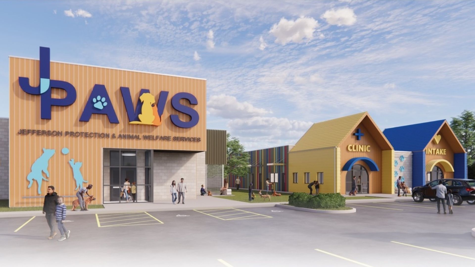 Jefferson Protection & Animal Welfare Services building with large JPAWS sign featuring animal silhouettes; adjacent clinic and intake buildings; people and dogs outside under blue sky.