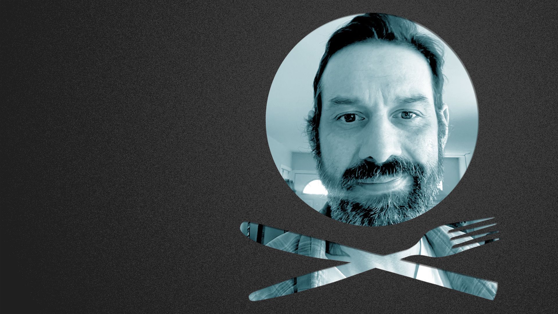 Photo illustration of a place setting shaped like a skull and crossbones containing a photo of Reuben DeMarco.