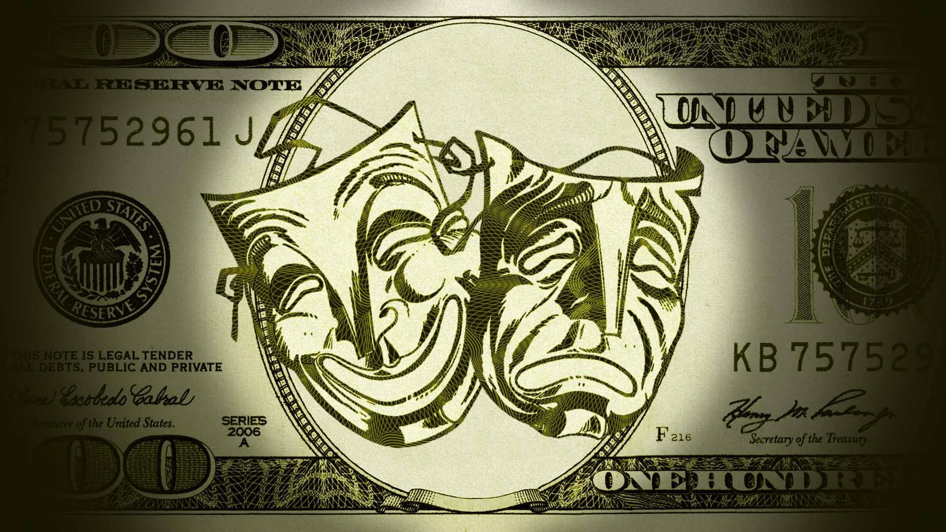 Illustration of a hundred dollar bill featuring drama and comedy masks in place of Benjamin Franklin