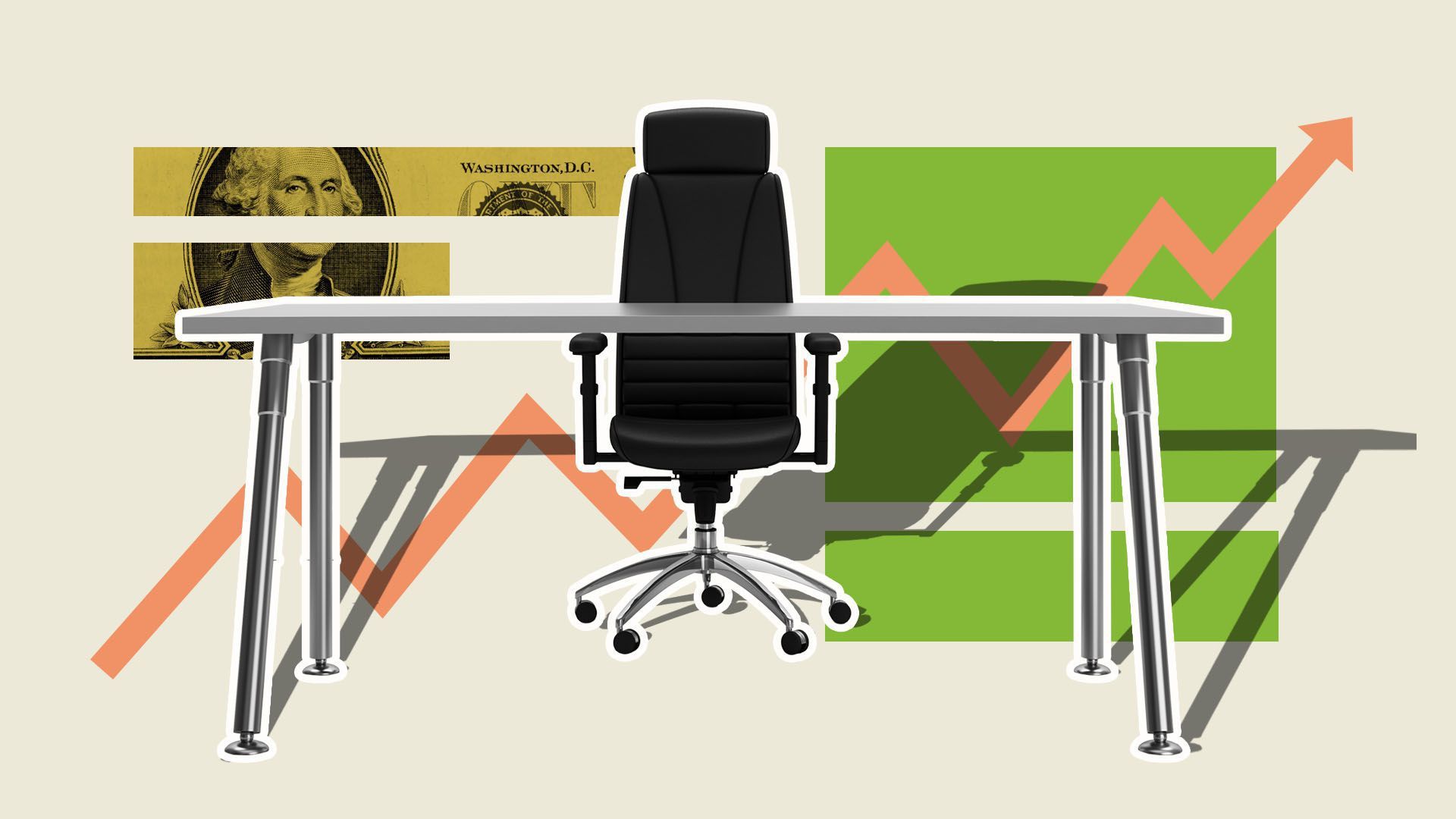 Graphic of desk and chair in front of chart and dollar bill.   